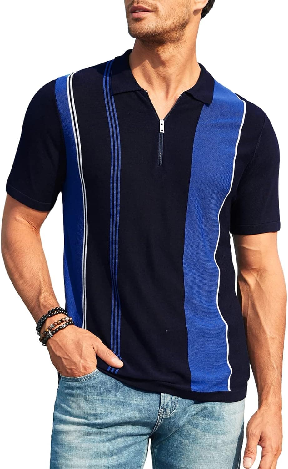 JMIERR Men's Zipper Polo Shirts Vintage Striped Knit Short Sleeve Classic Fit Golf Shirt
