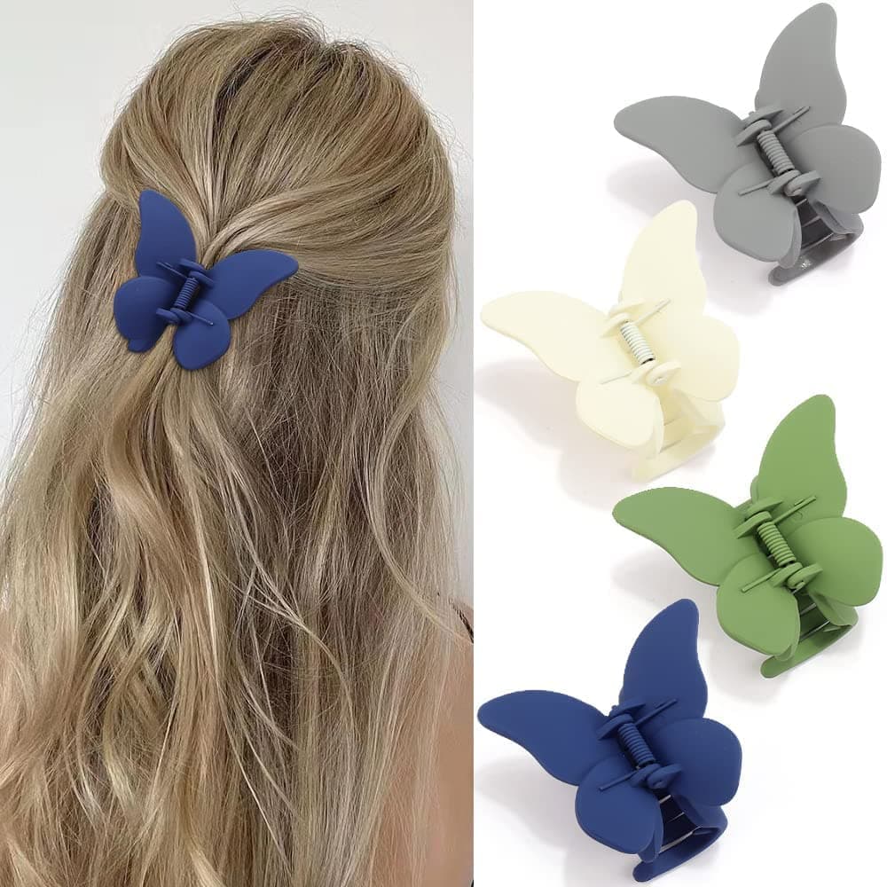 ATODEN Butterfly Clips for Hair Butterfly Hair Clip 2.6'' Claw Clips for Thick Hair 4Pcs Medium Hair Clips Cute Hair Clips Matte Claw Clips Butterfly Hair Accessories 90s Hair Clamps Jaw Clips