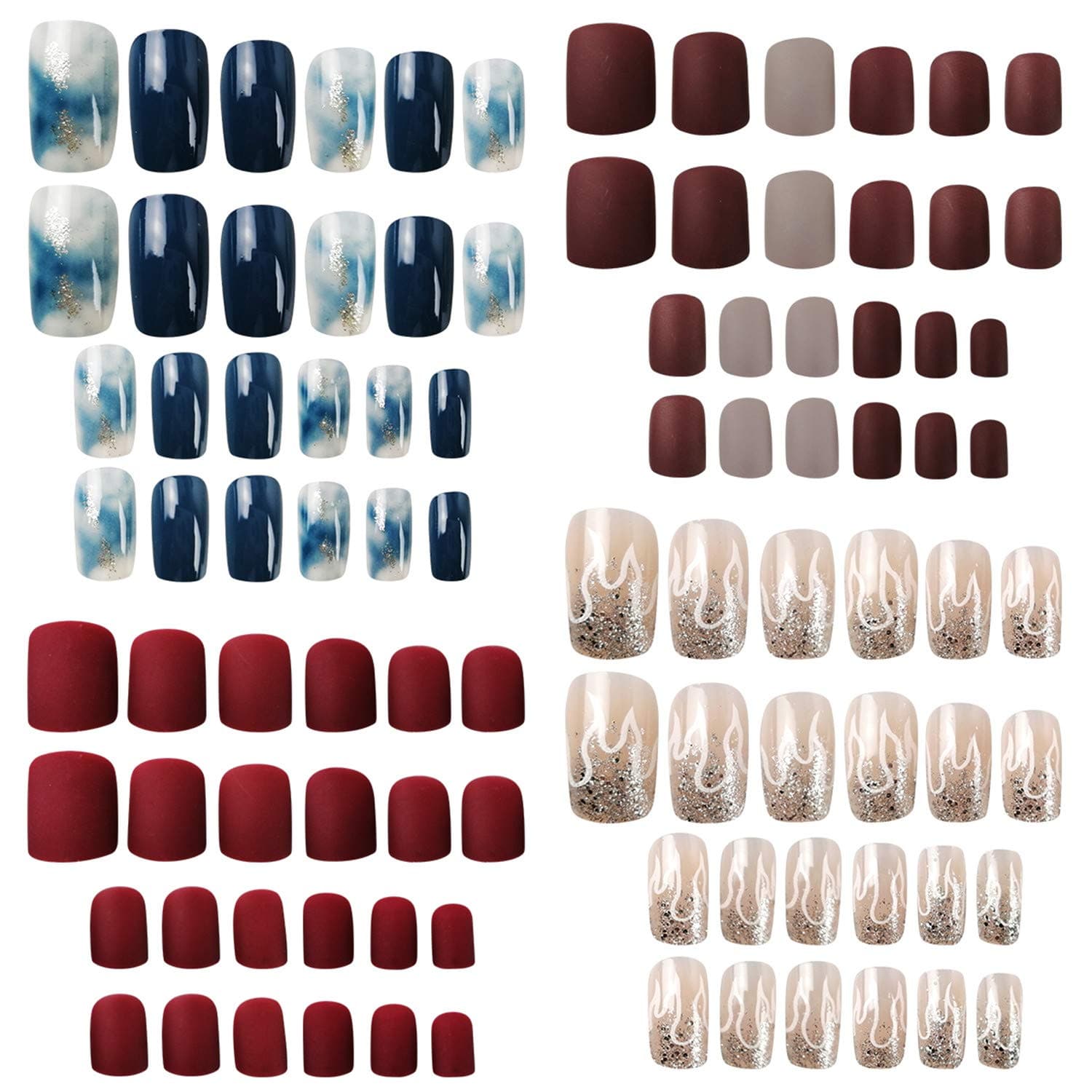 False Nails Set,False Nails Short Full Cover Nail Art Artificial Nails,4 Set (96Pcs)
