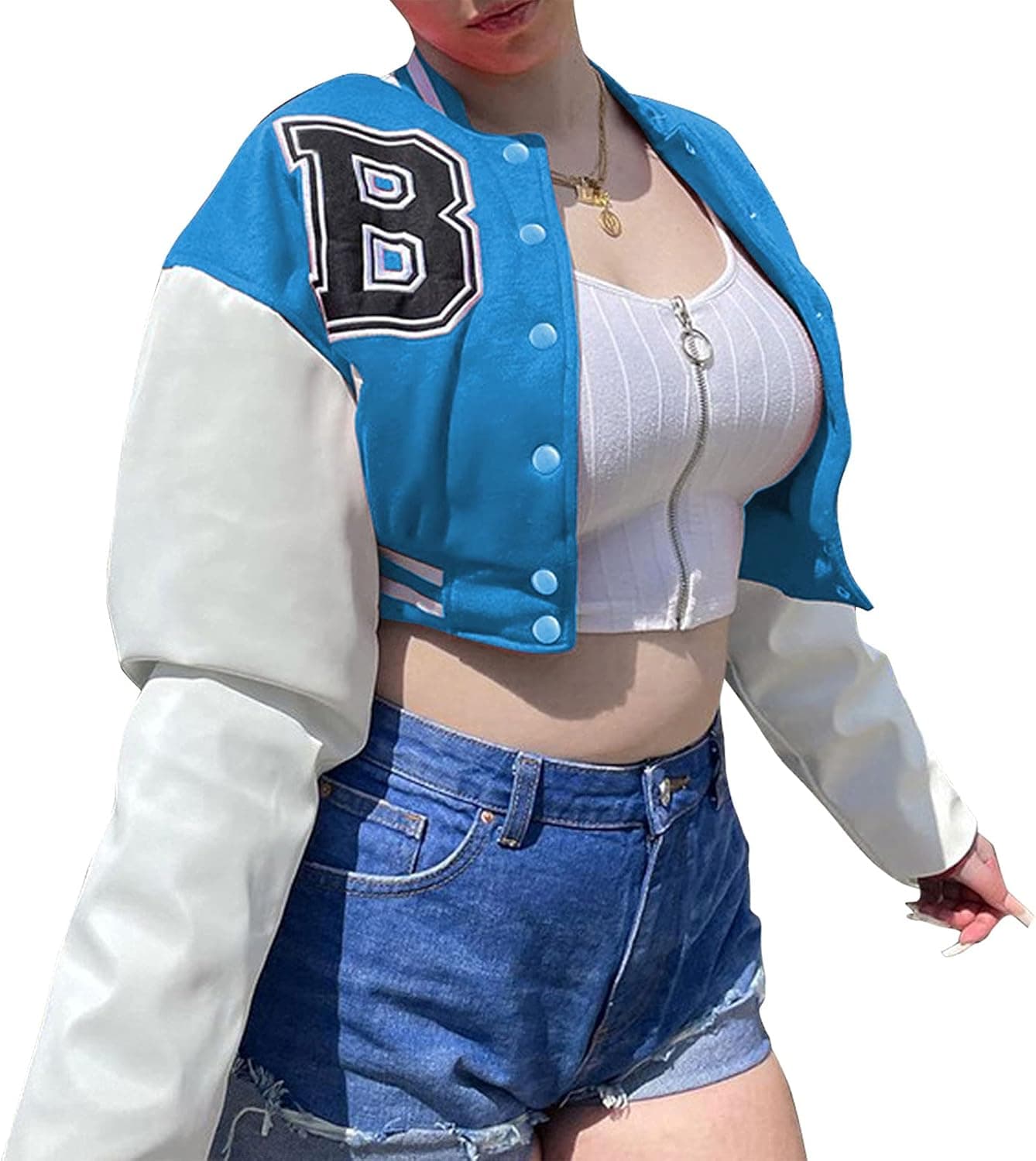 RSRZRCJ Women Varsity Jackets Vintage Letter Print Cropped Baseball Coat 90s Fashion Streetwear Bomber Outer Coat