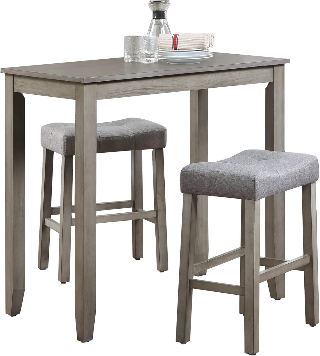 Nathaniel Home 3 Piece Table Set Counter Height Dining Furniture One Bench and Two Saddle Stools, Gray