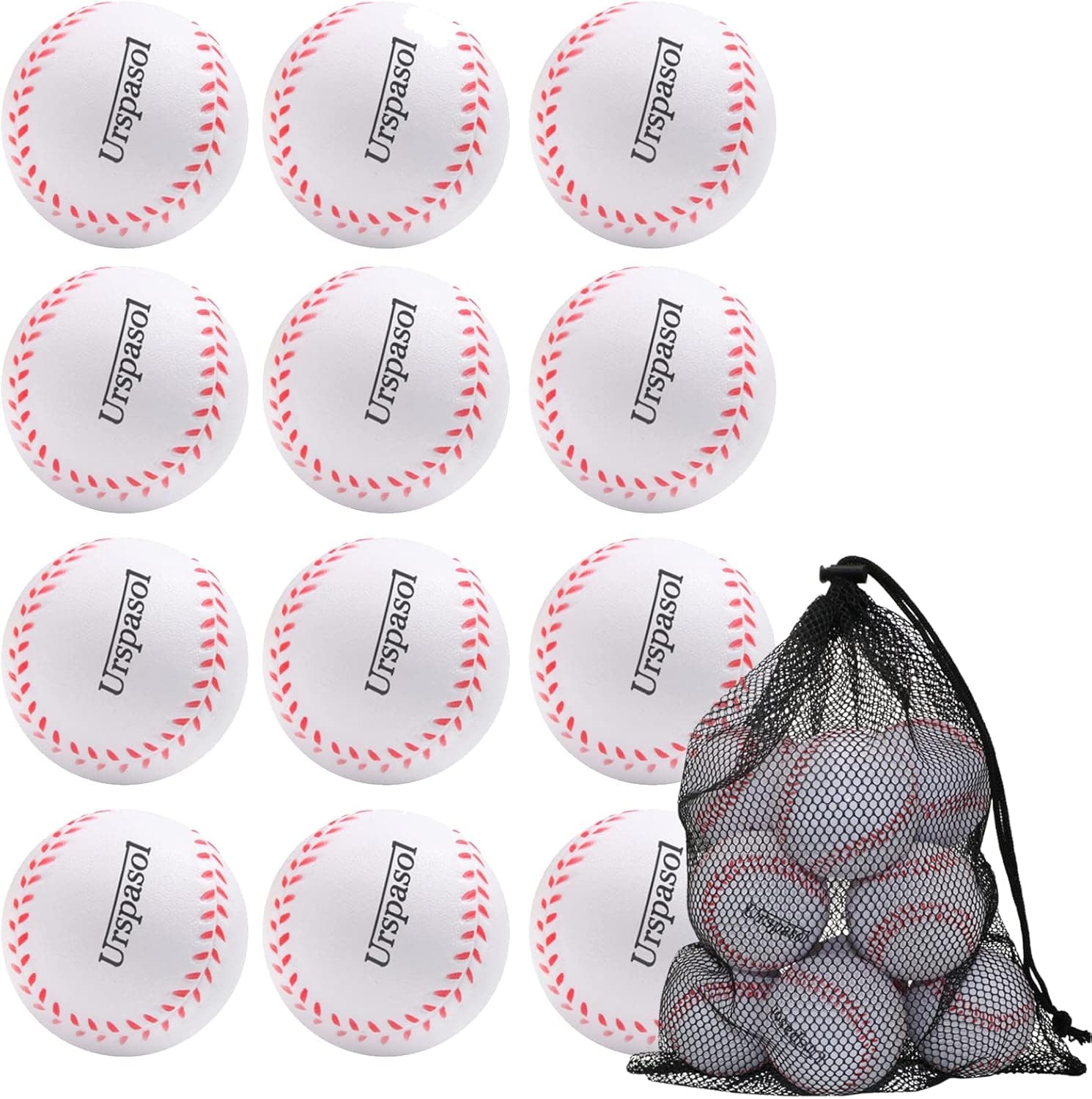 Urspasol Foam Baseballs 8 Inch Training Ball with Mesh Bag for Youth Teenager Players Sporting Batting Soft Baseballs Safely Hitting Indoor Outdoor Play Squeeze Baseballs Stress Ball White 12 Pack