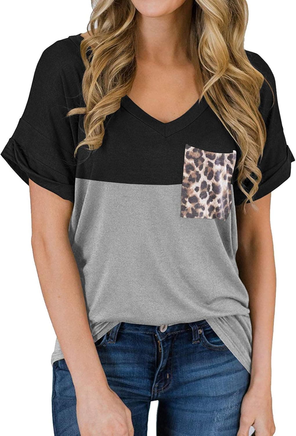 Tymidy Women's Casual Basic V-Neck with Pocket T-Shirt Color Block Loose Short Sleeve Tee Shirts Tops