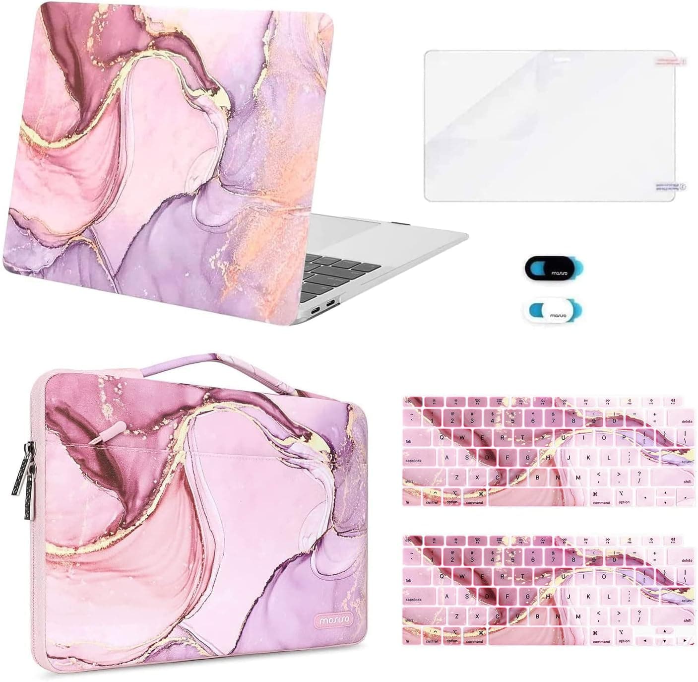 MOSISO Compatible with MacBook Air 13 inch Case 2022-2018 Release A2337 M1 A2179 A1932 Retina Display, Plastic Hard Shell&Sleeve Bag&Keyboard Skin&Webcam Cover&Screen Protector, Marble MO-MBH216, Pink