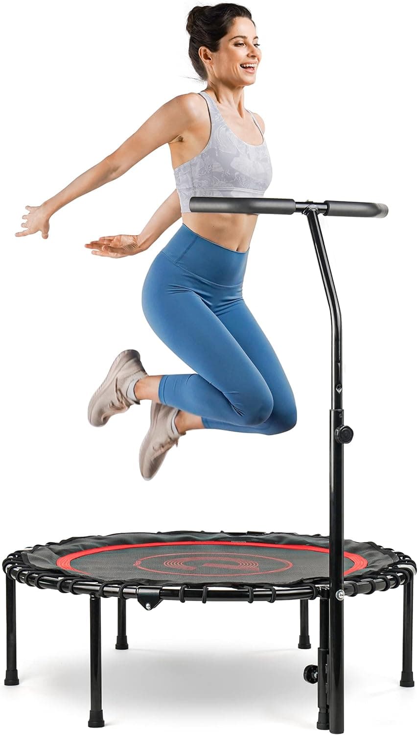 Pelpo 48" Folding Mini Trampoline, Exercise Trampoline with Adjustable Foam Handle, Bungee Cord Rebounder Trampoline for Adults Fitness, Safe Indoor Trampoline for Bounce Workout, Black