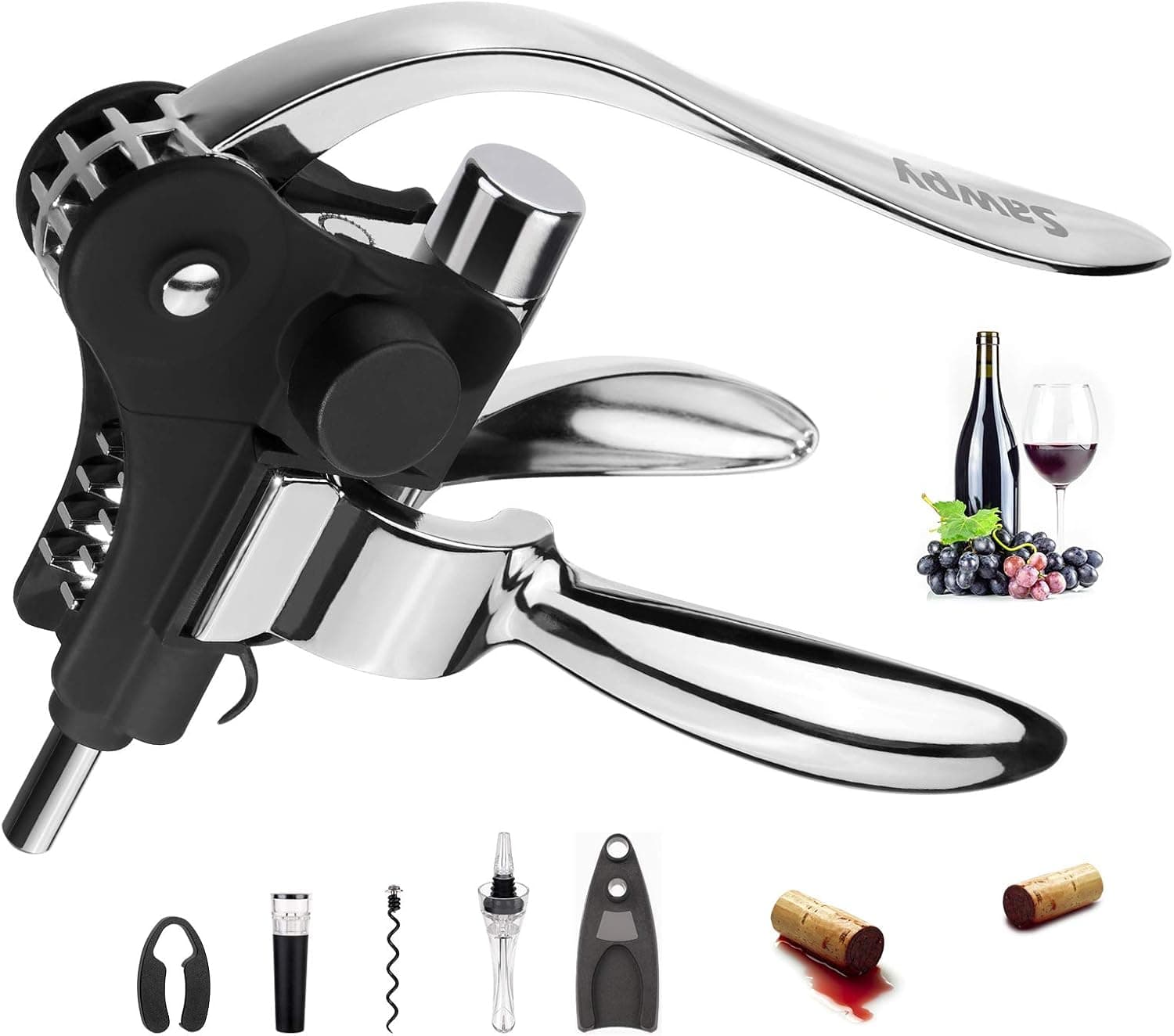 Wine Opener Kit, Sawpy Wine Corkscrew Opener, Corkscrew Gift Kit, All in 1, with Foil Cutter, Base, Pourer, Vacuum Stopper, Greeting Card, Gift for Mothers' Day, Wine Opener Set(Silver)