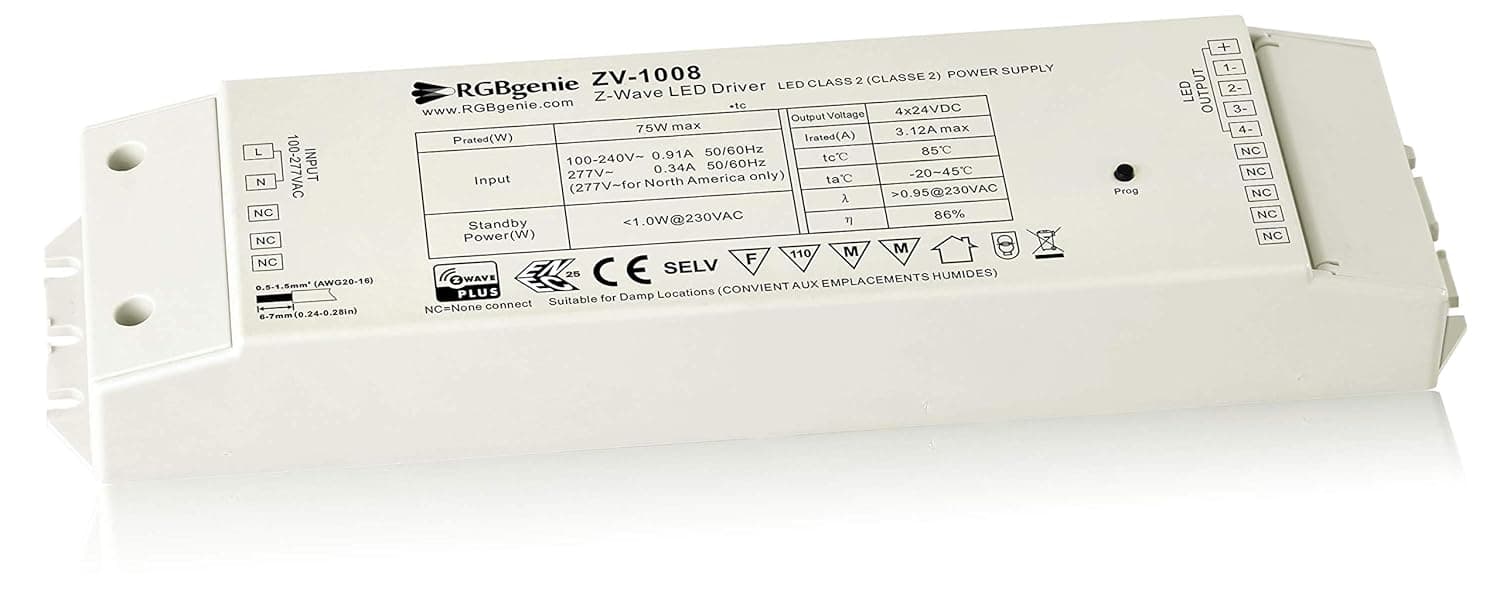 Z-Wave RGBW LED Driver Dimmer and Repeater, 110 – 277 volt input, 24 volt output. 3.12 Amp Constant Voltage Strip Light Controller with built-in Power Supply. RGBgenie ZV-1008