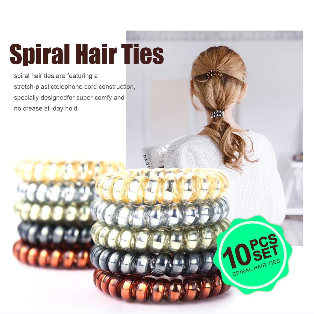 Spiral Hair Ties for Women by Rejawece, Elastic Coil Hair Ties for Girls, Elastic Hair band bands for women's hair,Phone Cord Hair Ties No Crease - 10pcs with 5 Colors set