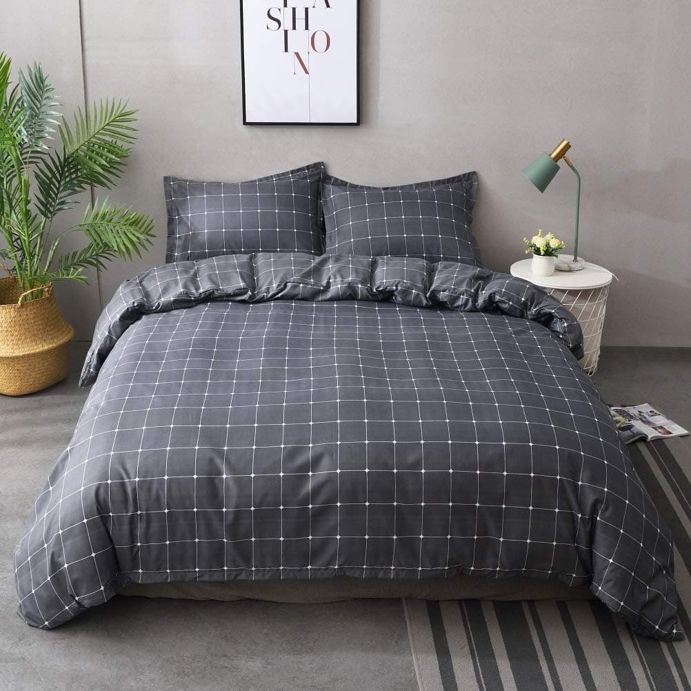 M&Meagle Grid Duvet Cover Grey,Plaid Printed Pattern,100% Lightweight Brushed Microfiber Bedding Set with Zipper & Corner Ties-King Size(3Pcs,1 Duvet Cover 2 Pillowcases)