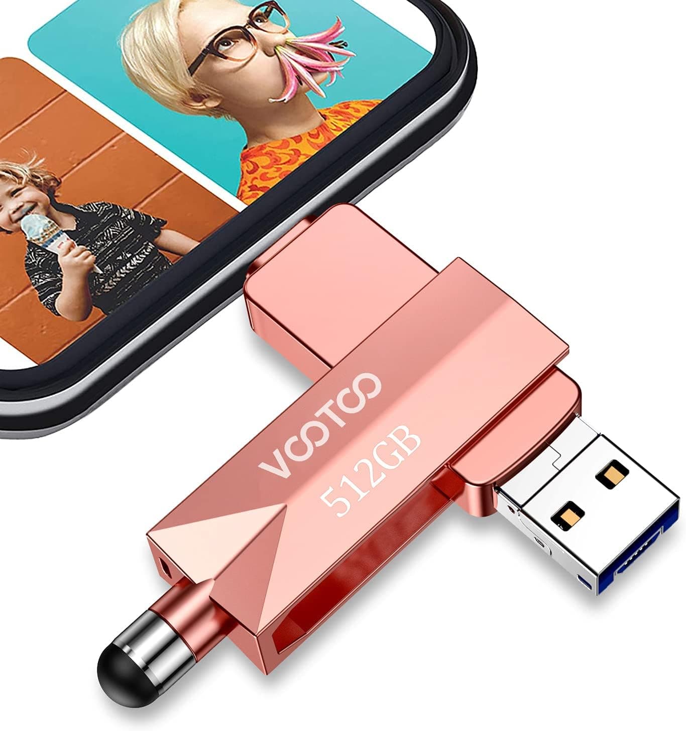 VOOTOO USB 3.0 Flash Drive 512GB Memory Stick, USB 3.0 External Storage Thumb Drive Photo Stick Compatible with Mobile Phone and Computers (Rose Gold)