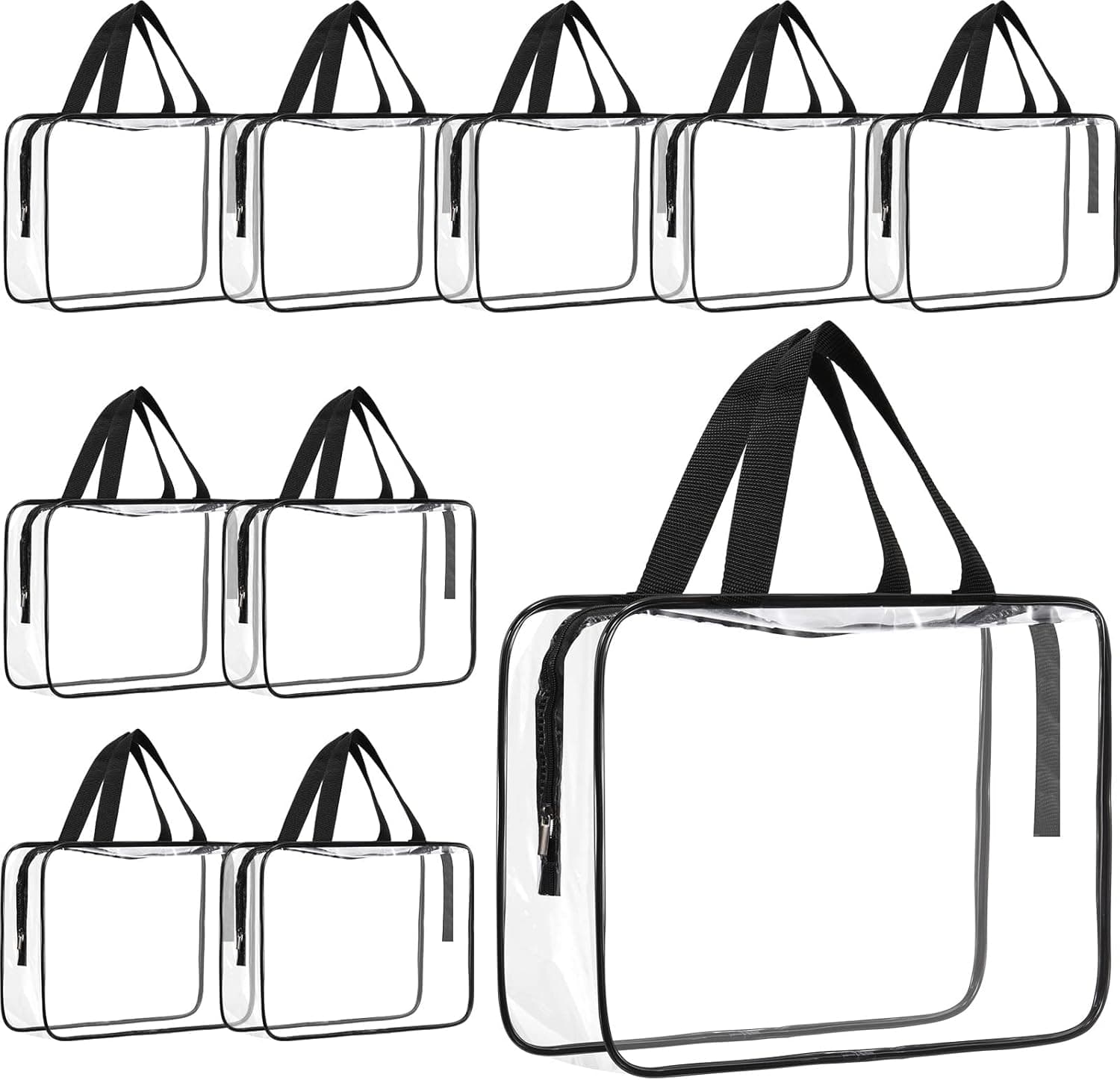10 Pack Large Clear Cosmetic Bags with Handle Plastic Toiletry Pouches with Zipper Travel Makeup Organizer Waterproof Tote Bags Storage Purse Bulk for Women Men, Work, Beach, Traveling, Shopping