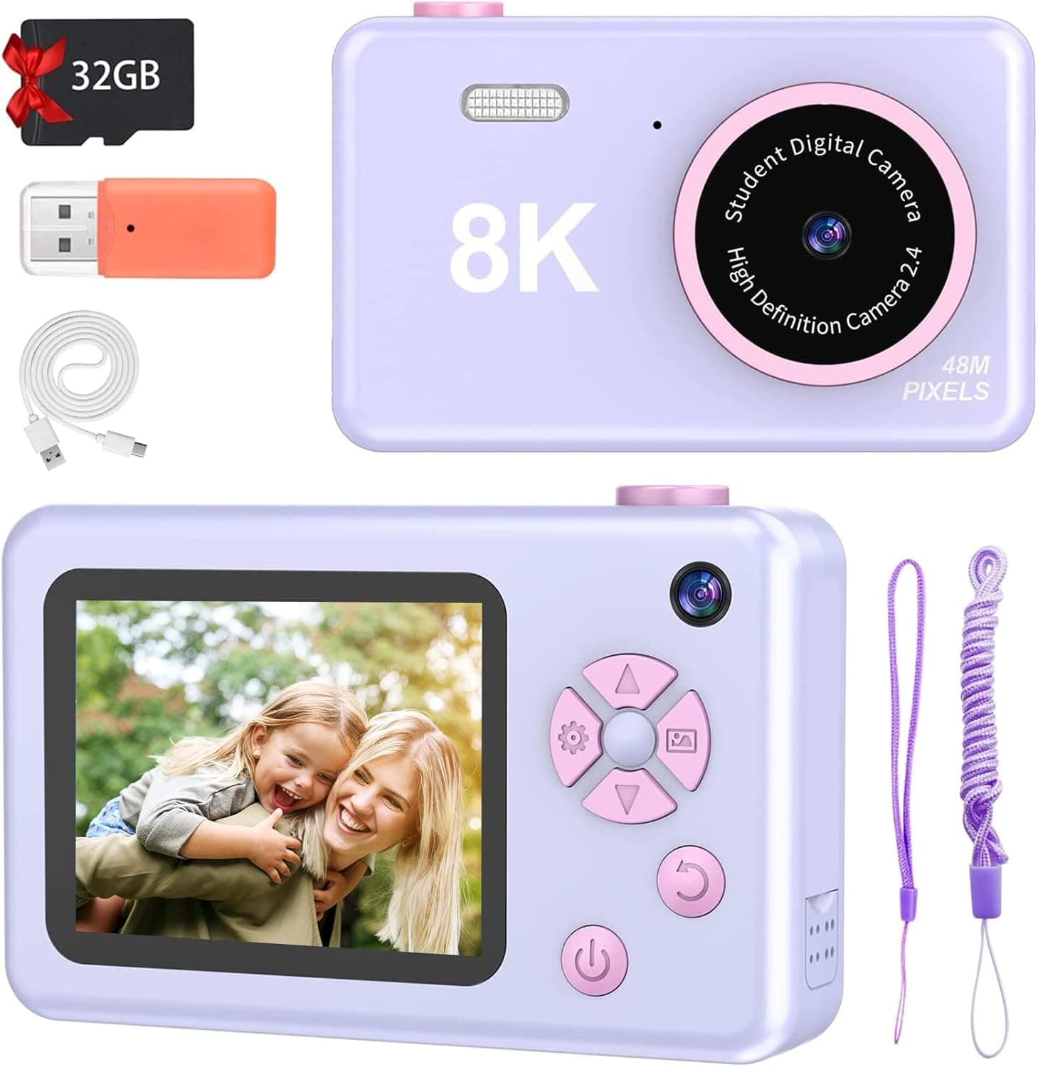 Digital Camera for Kids Girls Boys- 48MP Kids Camera with 32GB SD Card, Full HD 1080P Front and Rear Cameras Rechargeable Mini Camera for Students, Teens, Kids - Purple