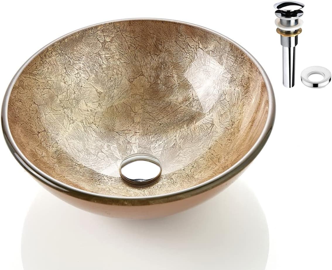 Fanwin Star Honeysuckle Series Round Tempered Deco Glass Vessel Bathroom Sink | Top Mount Sinks Above Countertop |Handicraft Vanity Countertop Sink Bowl with Pop Up Drain |FW-LA603