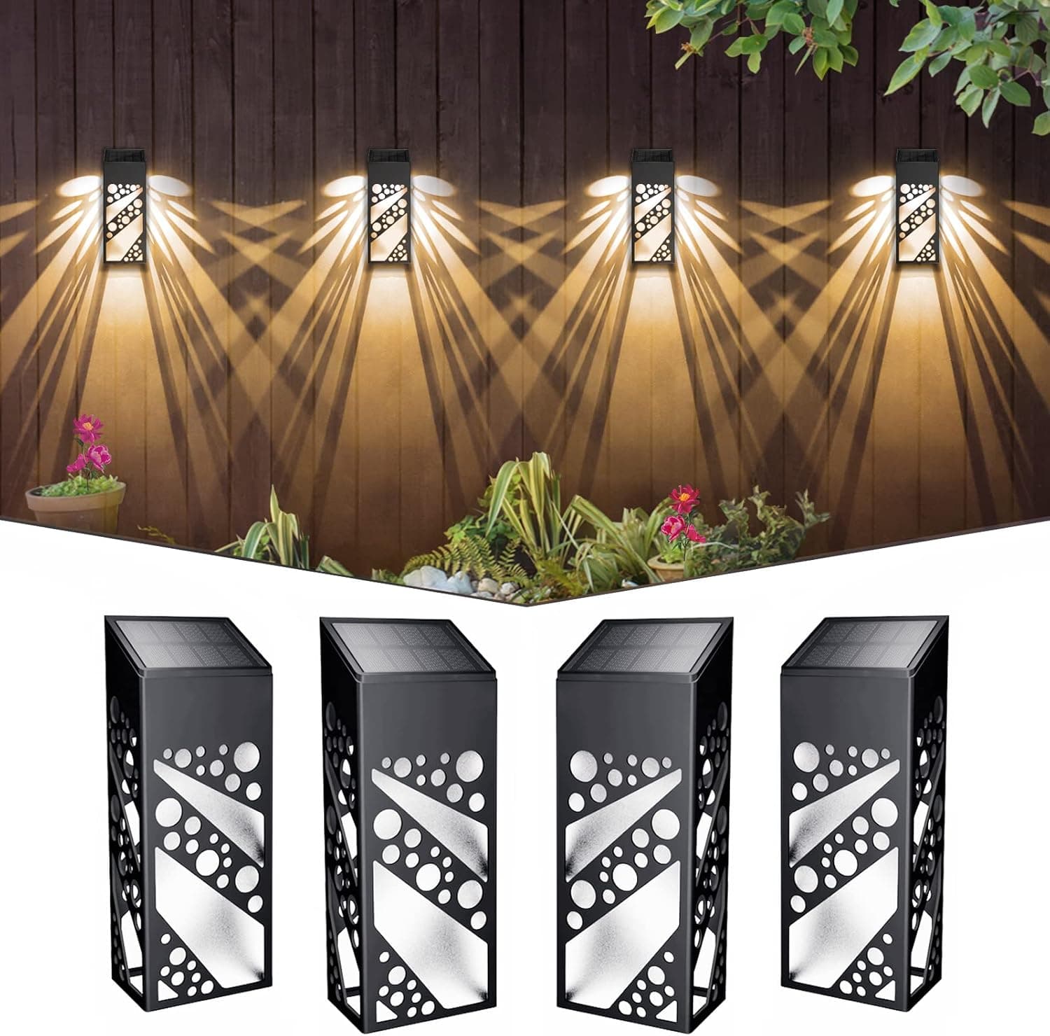 Aulanto Solar Fence Lights, 4 Pack Waterproof Solar Wall Lights with RGB & Warm White Mode, Backyard Decorative Garden Lights with Auto On/Off, Perfect for Fence, Backyard, Garden, Front Door, Patio.