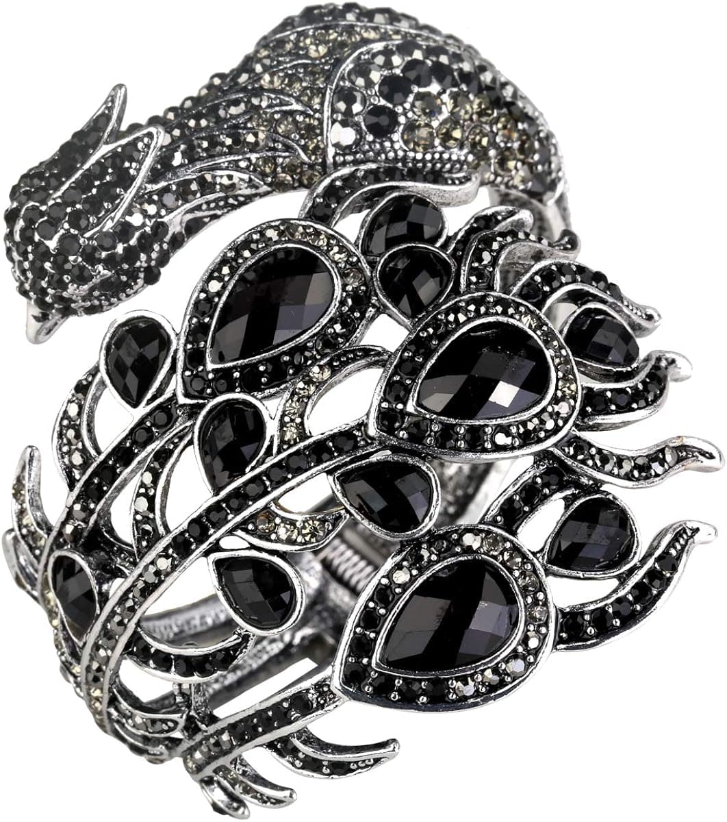 YACQ Women's Hinged Big Peacock Bracelet Slave Stretch Ring Set - Fit Wrist Size 6-1/2 to 7-1/2 Inch & Finger 7 to 9 - Lead Nickle Free - Halloween Costome Outfit
