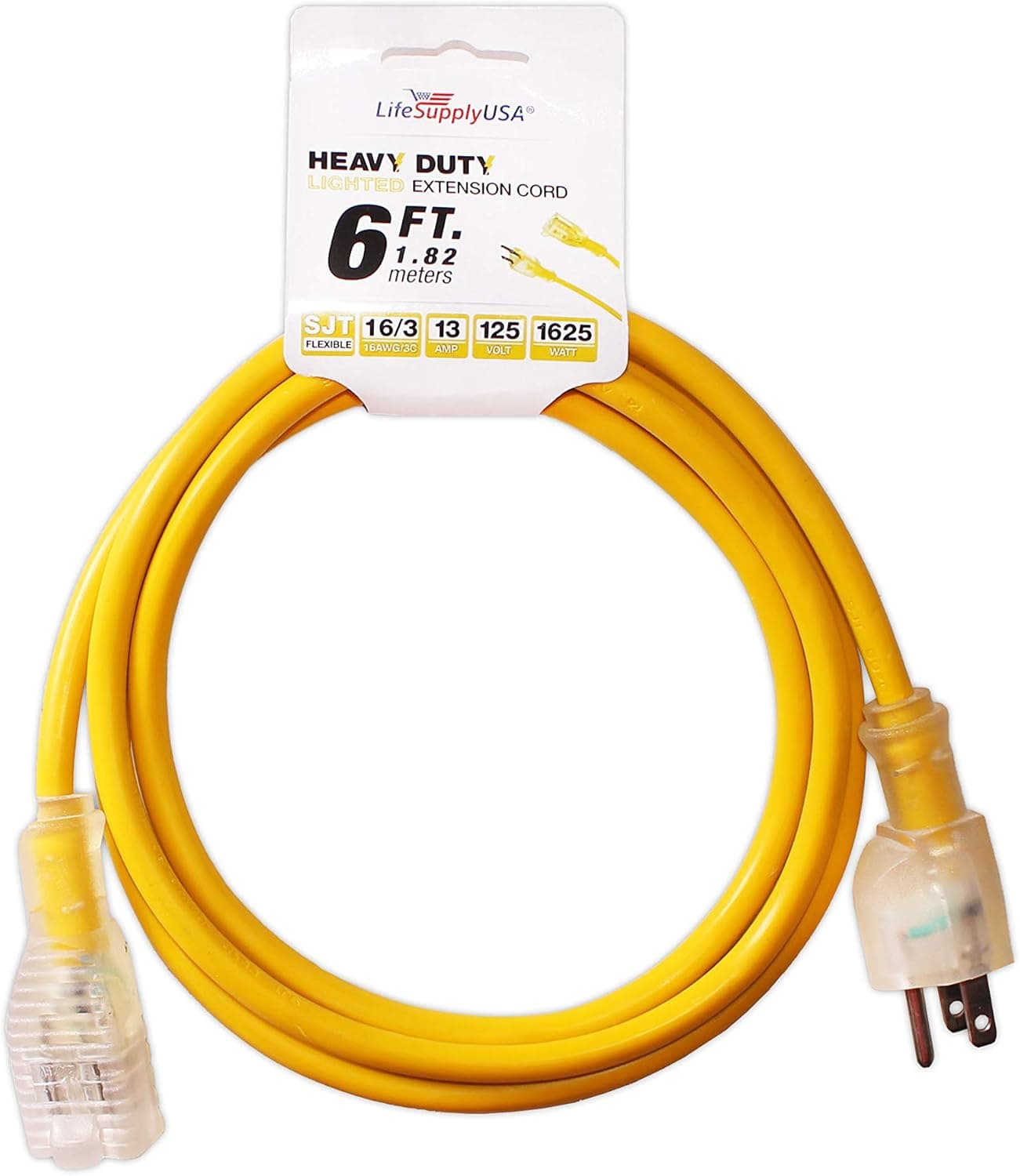 6 ft Power Extension Cord Outdoor & Indoor Heavy Duty 16 Gauge/3 Prong SJTW (Yellow) Lighted end Extra Durability 13 AMP 125 Volts 1625 Watts by LifeSupplyUSA