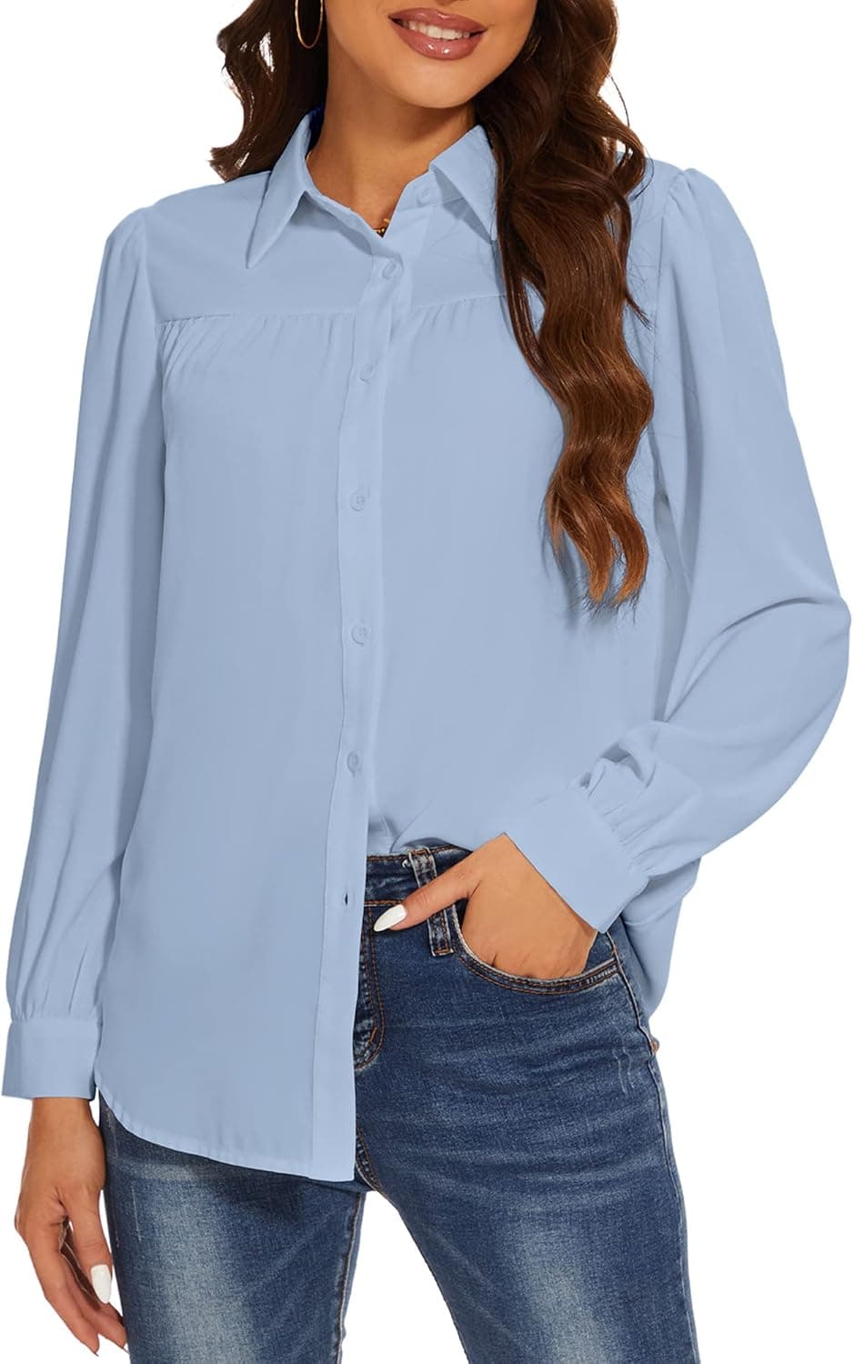 SPRING SEAON Women's Button Down Shirts Casual Pleated Chiffon Blouses Long Sleeve Collared Shirt Loose Work Dressy Blouse