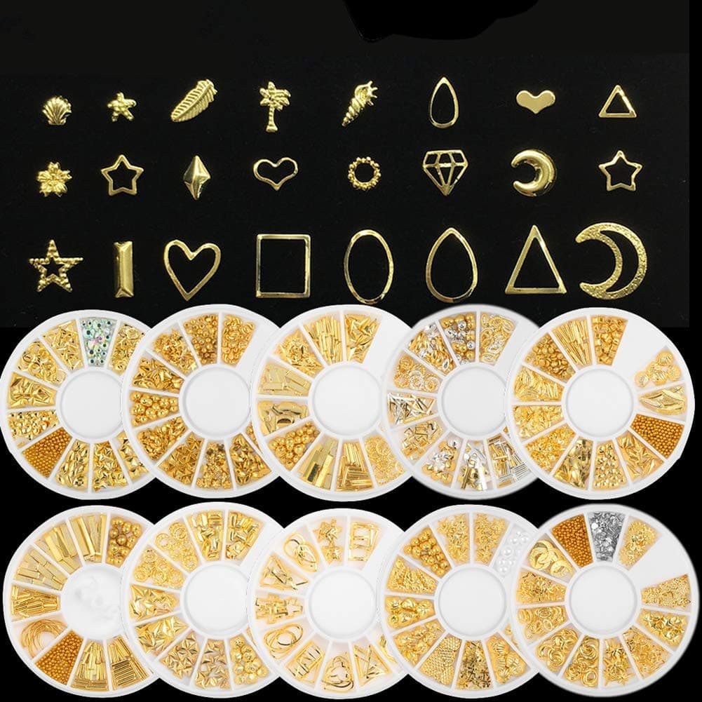 QIDUN 3D Nail Art Charms Accessories Gold Metal Punk Star Moon Heart Triangle Square Rivet Gems Nail Art Jewels Decal for Girl Fingernails & Toenails Decorations Tips Manicure 10 Boxes (Gold)