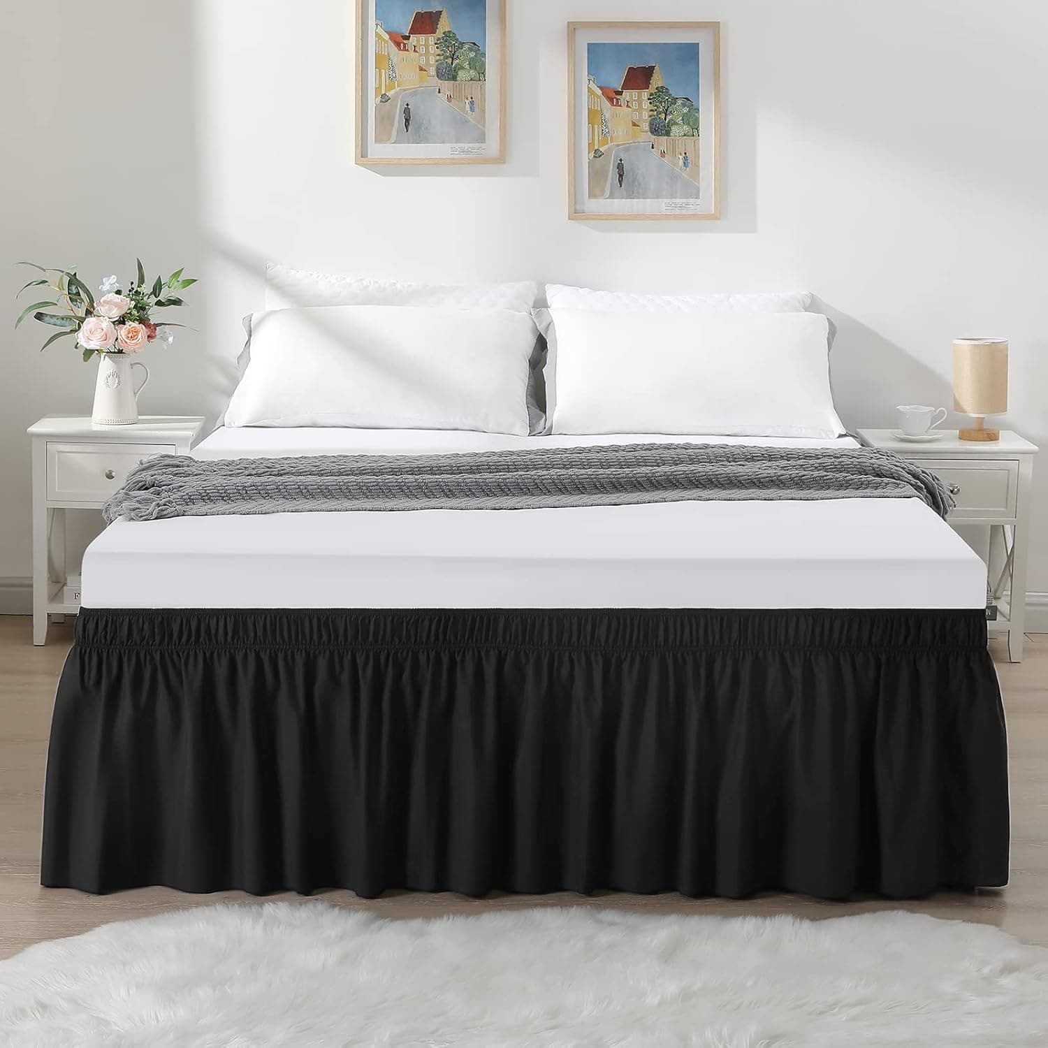 RIMELA Black Bed Skirt Queen Size 15 Inch Drop, Dust Ruffle Bedskirt for Queen Bed, Elastic Wrap Around Easy to Install Solid Fabric Wrinkle & Fade Resistant Machine Washable
