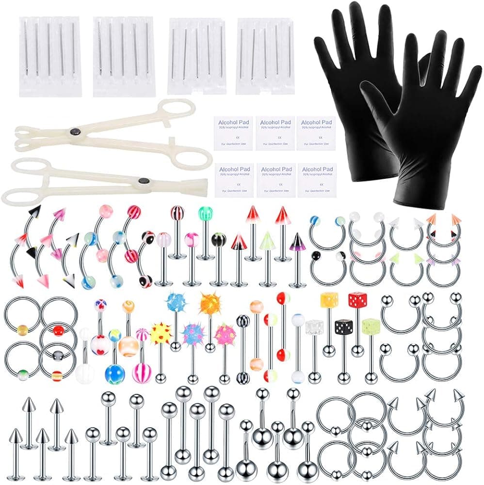 Oveta 120PCS Piercing Kit Stainless Steel Acrylic 14G 16G Nose Rings Hoop Septum Lip Tongue Tragus Belly Eyebrow Barbells Rings Body Piercing Jewelry Kits Tools