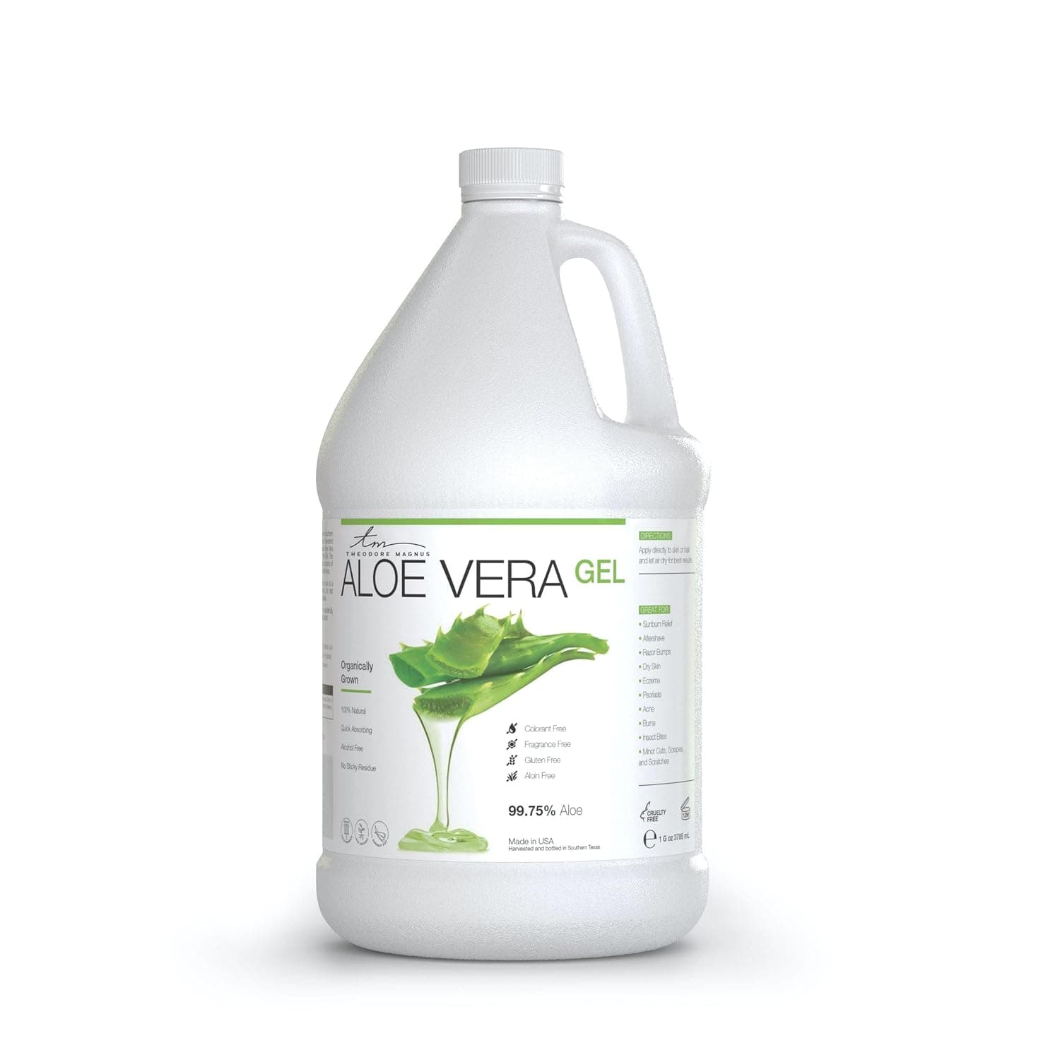 THEODORE MAGNUS Organic Cold Pressed Aloe Vera Gel - Great for Skin and Hair - Sun Burn Relief, Moisturizing, Dry Skin, Acne, Razor Bumps, and more - Grown and Bottled in US - 1 Gallon