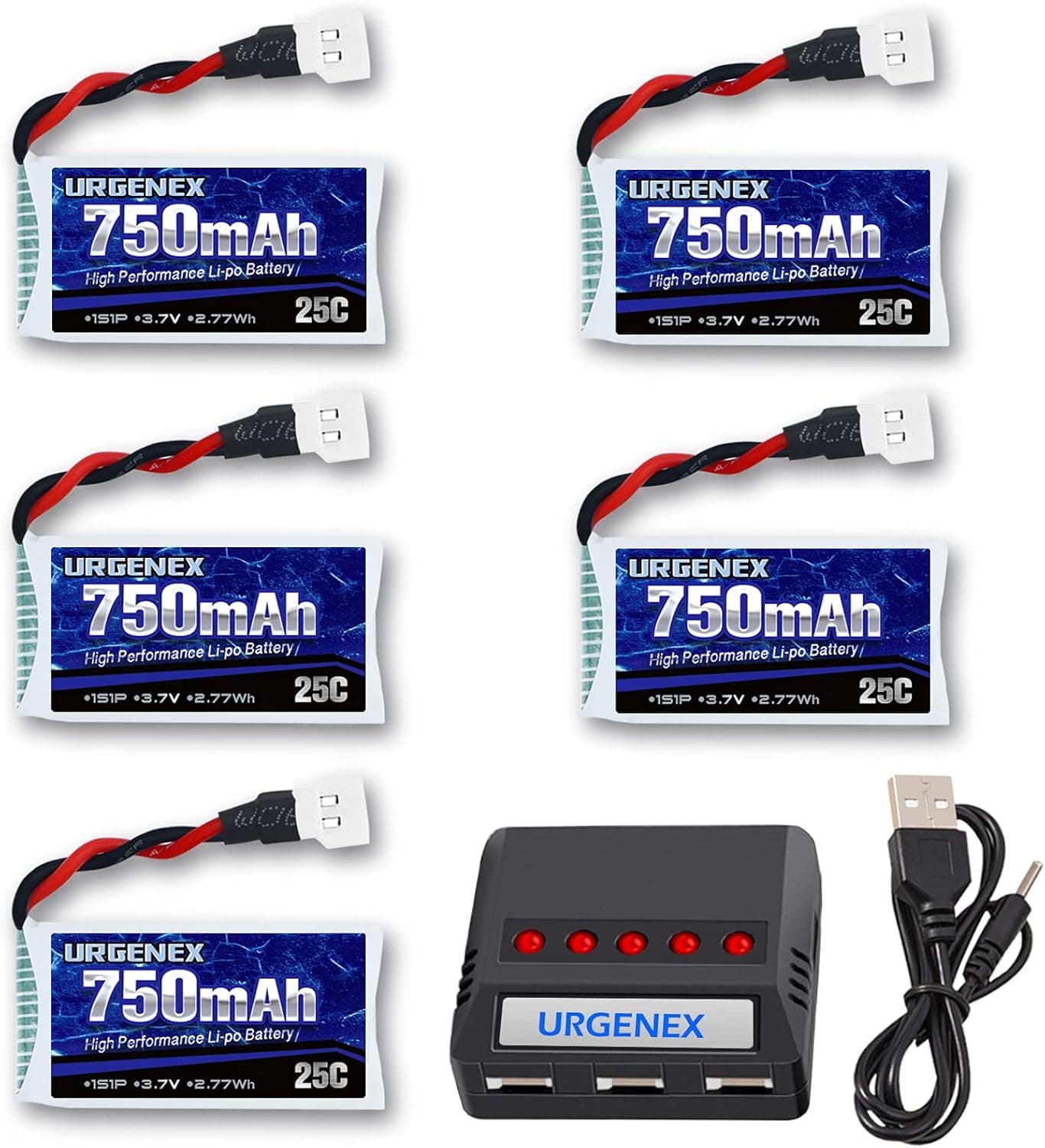URGENEX 3.7V Lipo Battery 750mAh 25C Rechargeable 5 Pack Lipo Batteries with Molex Plug 5 in 1 Charger for Syma X5 X5SW X5C X5C1 RC Quadcopter Drone Spare Parts