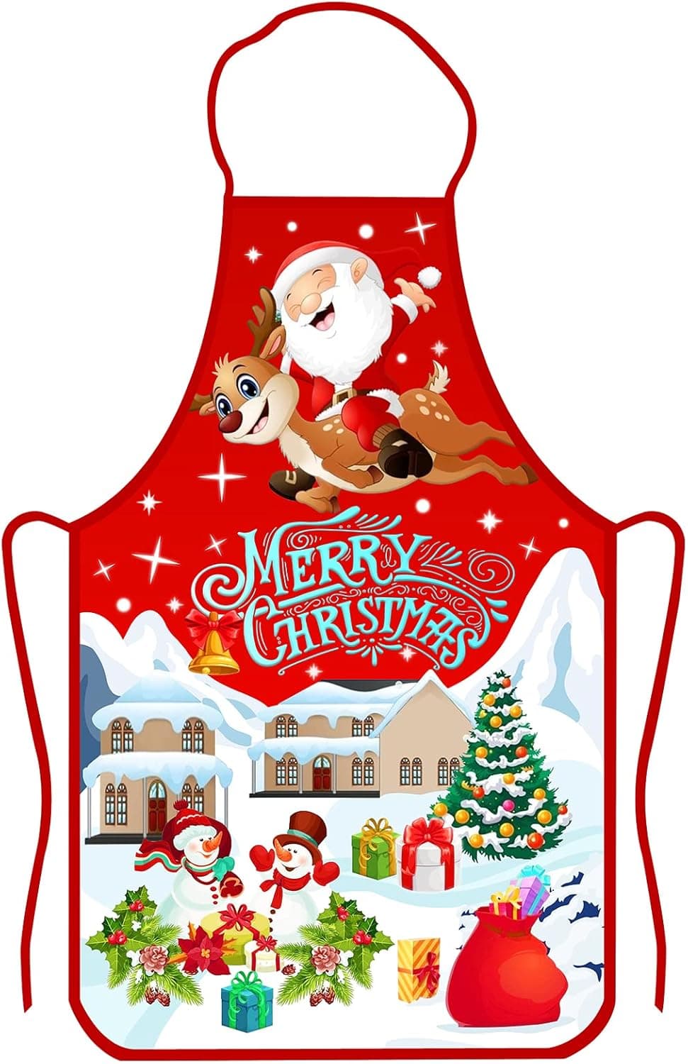 Openfly Christmas Apron, Cute Merry Christmas Aprons Holiday Kitchen Apron Christmas Santa Claus/Elk/Snow House/Snowman Style Decoration Apron for Christmas Dinner Party Cooking Baking