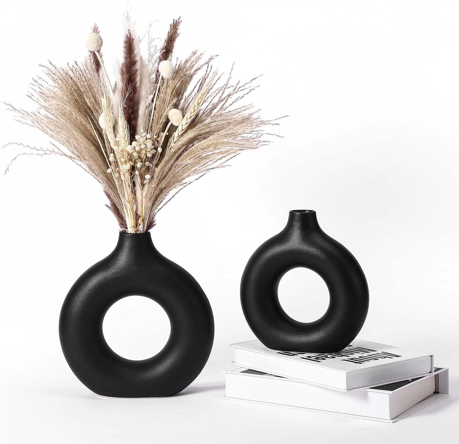 Black Ceramic Vases for Decor Set of 2 Round Matte Flower Donut Vase Decorative Minimalist Modern Style Vase for Wedding Party Home Living Room Office Bedroom Dinner Table