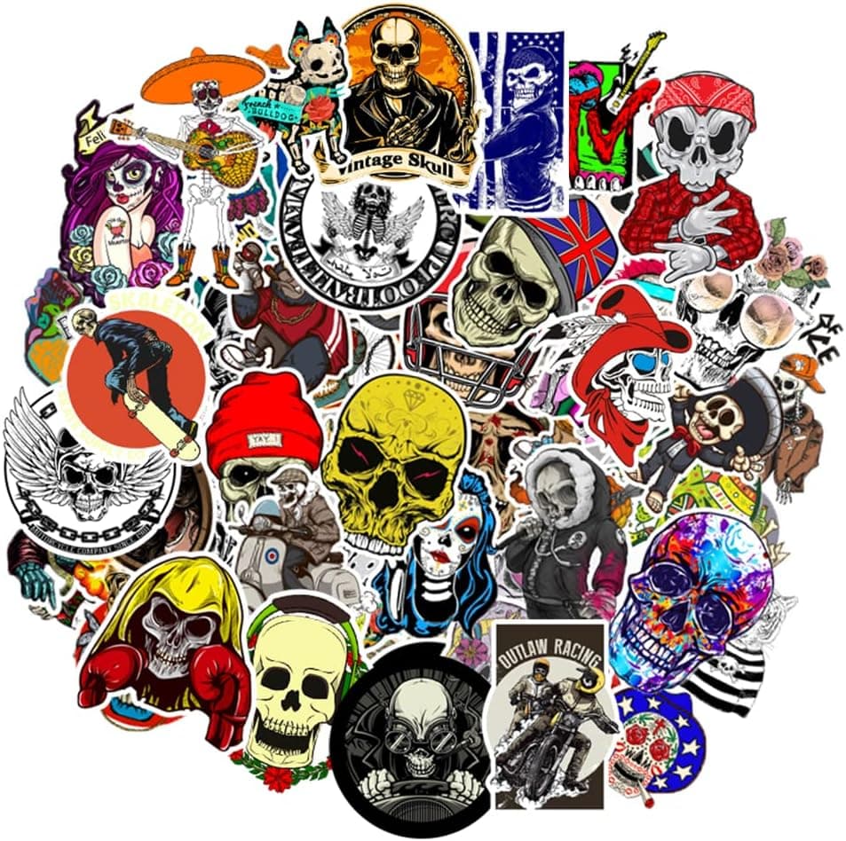 MINUSWIRE Skull Stickers, 100 pcs Colorful Waterproof Vinyl Stickers for Water Bottles, Laptop, Phone, Guitar, Car, Motorcycle, Bicycle, Skateboard, Luggage, Bumper Skins Graffiti Decals