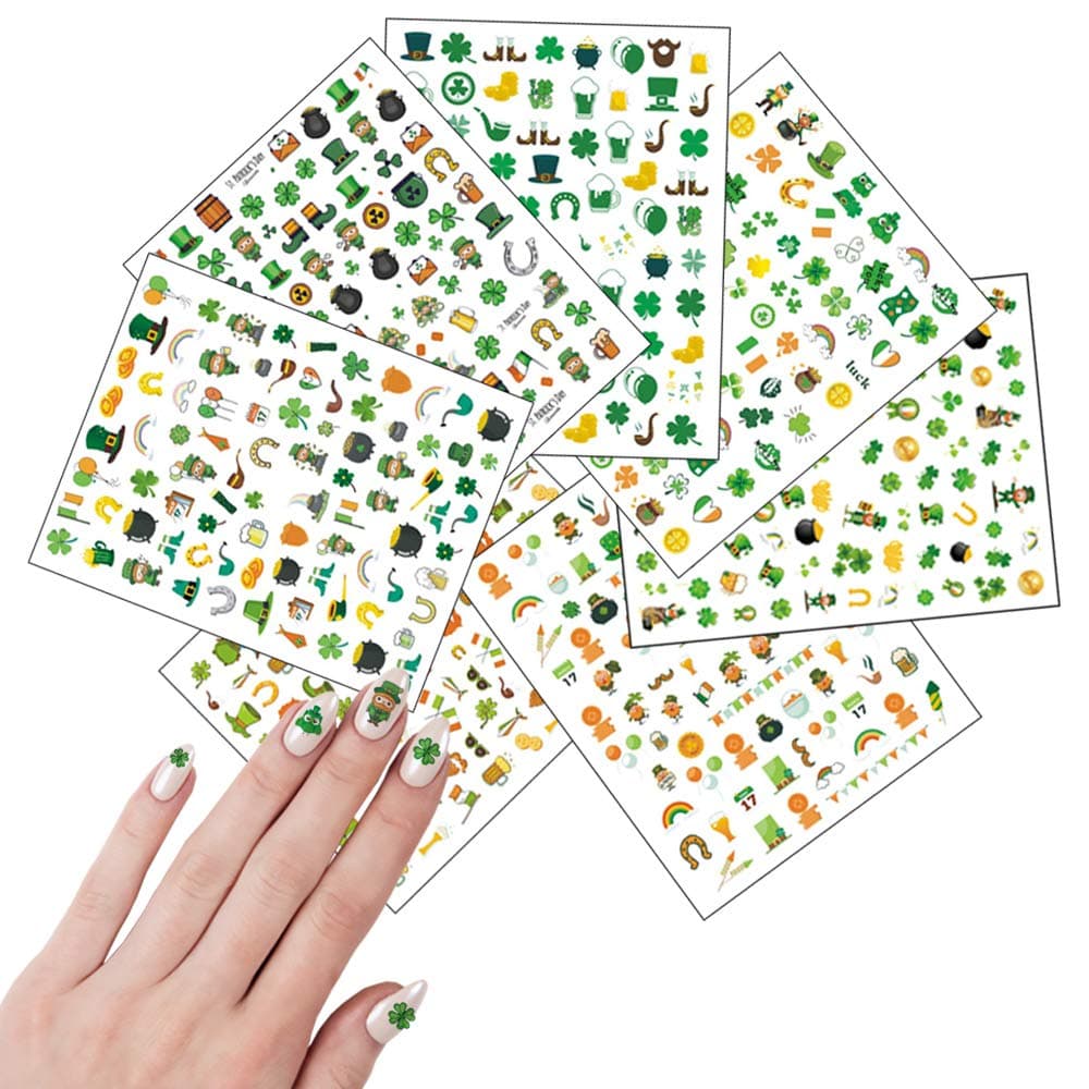 SeBeauty 3D St.Patrick's Day Nail Art Stickers Lucky Clover Nail Decals Shamrock Green Leaf Dollar Coins Spring Design Nail Art Supplies Self Adhesive Nail Stickers for Acrylic Nail Decorations 7 Sheets