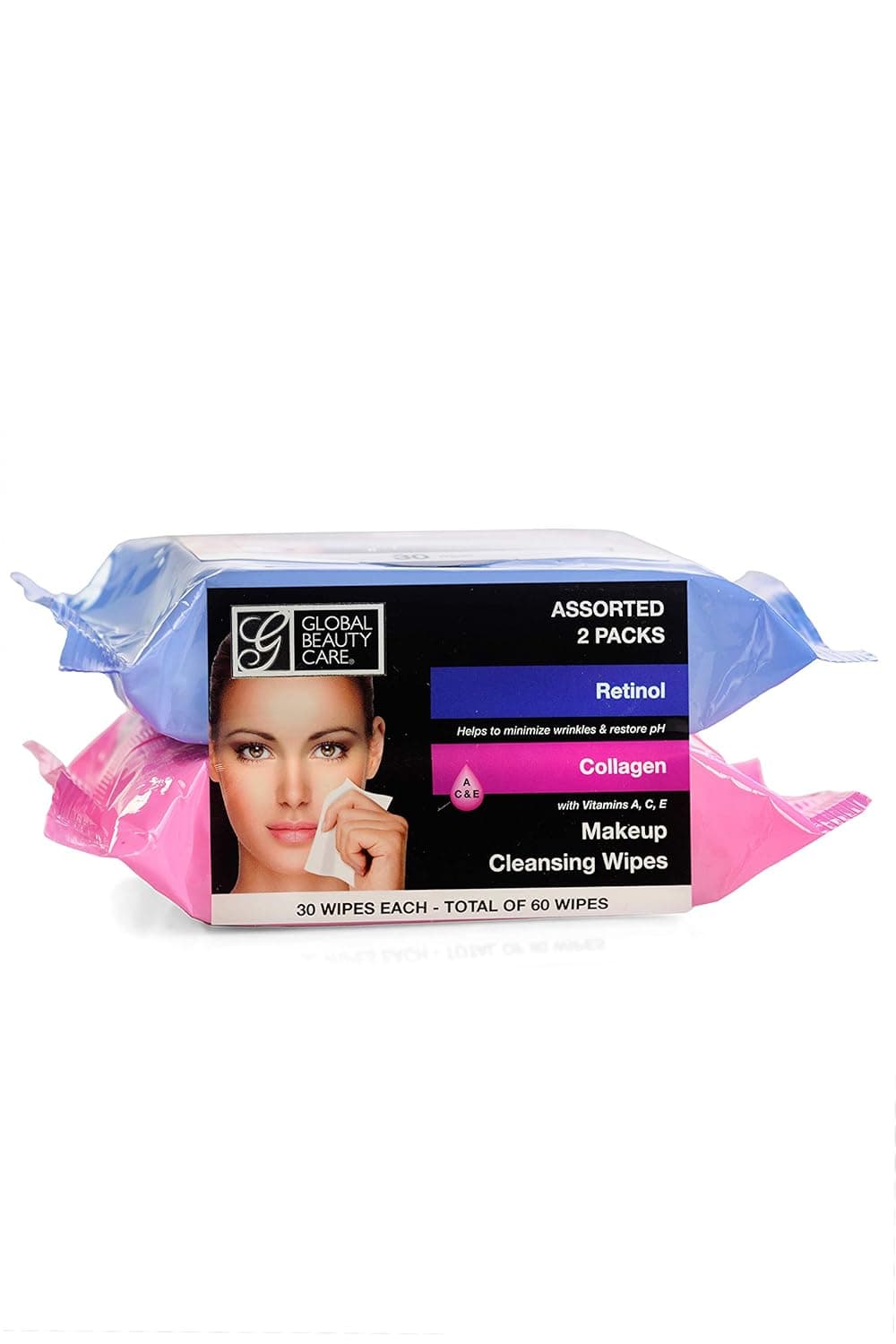 Global Beauty Care Bulk Cleansing Wipes Premoistened 2 Pack Retinol & Collagen Cleansing Cloths Makeup Removal Wipes - Great For Travel Toiletries - 60 Count (2-Pack)