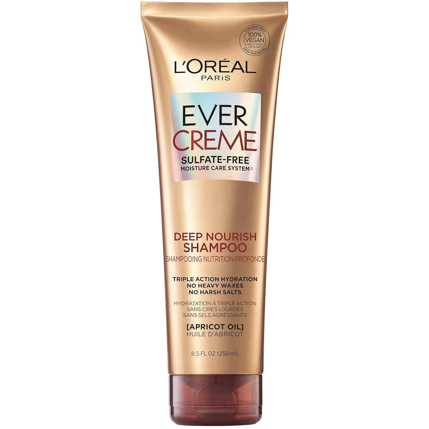 L'Oreal Paris EverCreme Sulfate Free Shampoo for Dry Hair, Triple Action Hydration for Dry, Brittle or Color Treated Hair, with Apricot Oil, 8.5 Fl; Oz (Pack of 1) (Packaging May Vary)