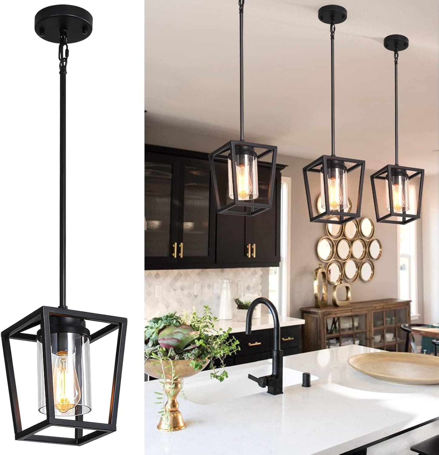 SGLfarmty 1 Pack Pendant Lighting for Kitchen Island, Cage Hanging Light Fixtures, Black Pendant Lights with Durable Glass Shade for Dining Room & Kitchen,Black