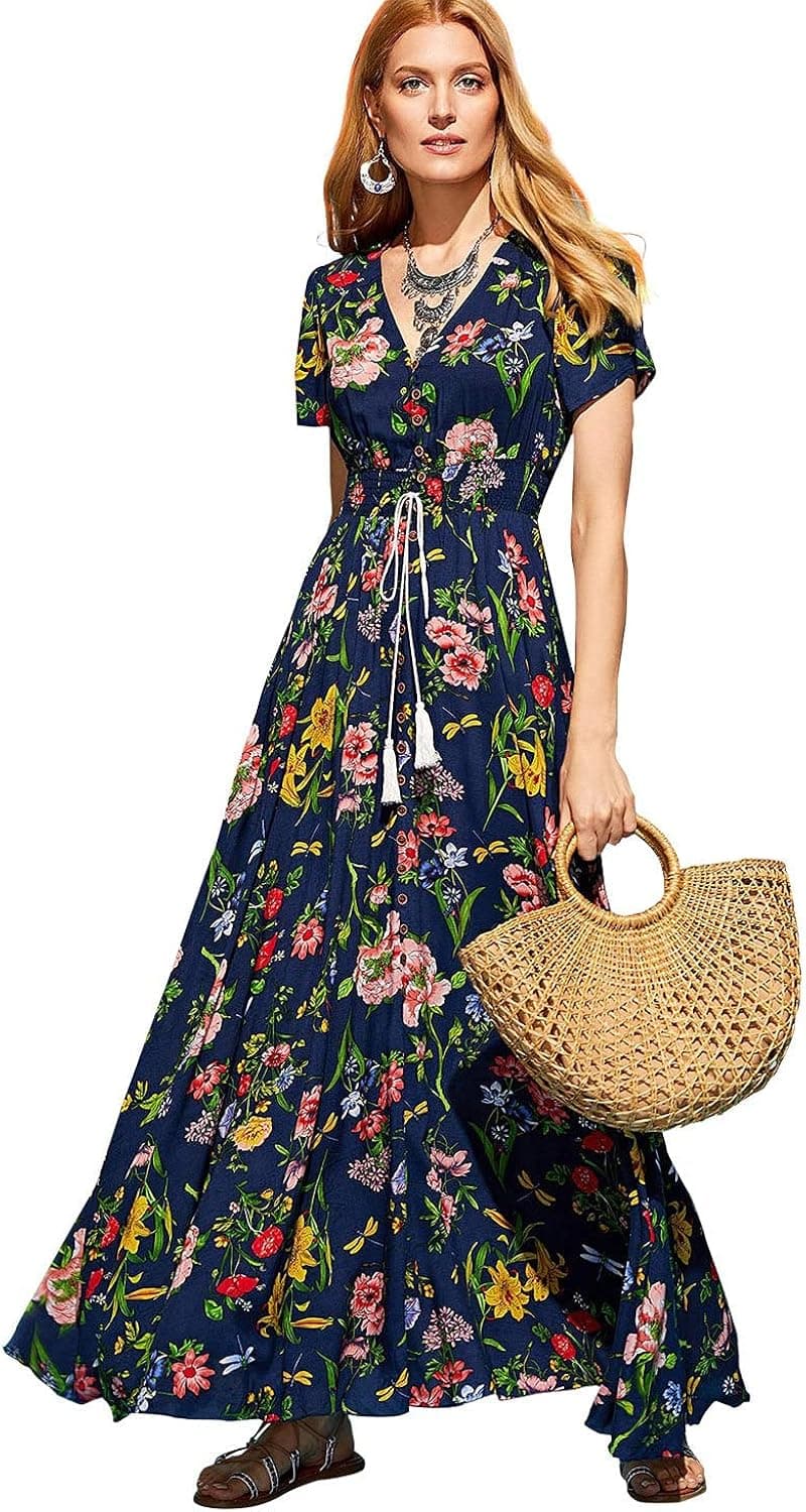 Milumia Women's Floral Print Button Up Party Flowy Maxi Dress