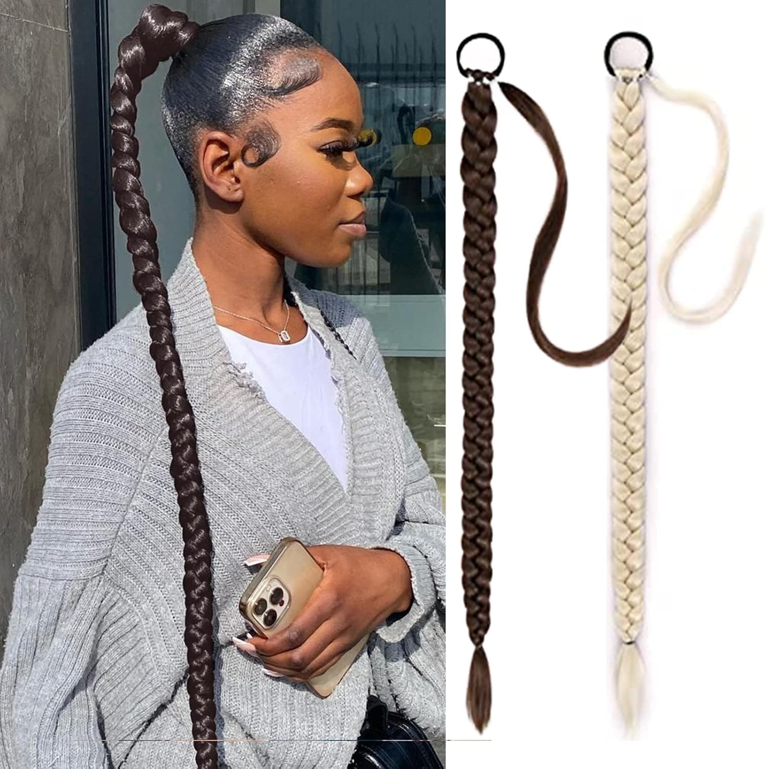 24Inch long Straight ponytail braids Hair Extensions with Hair Tie band Around Soft and Smooth Synthetic Hair Piece Show Beautiful fashion Girl (24inch, #4+#613)