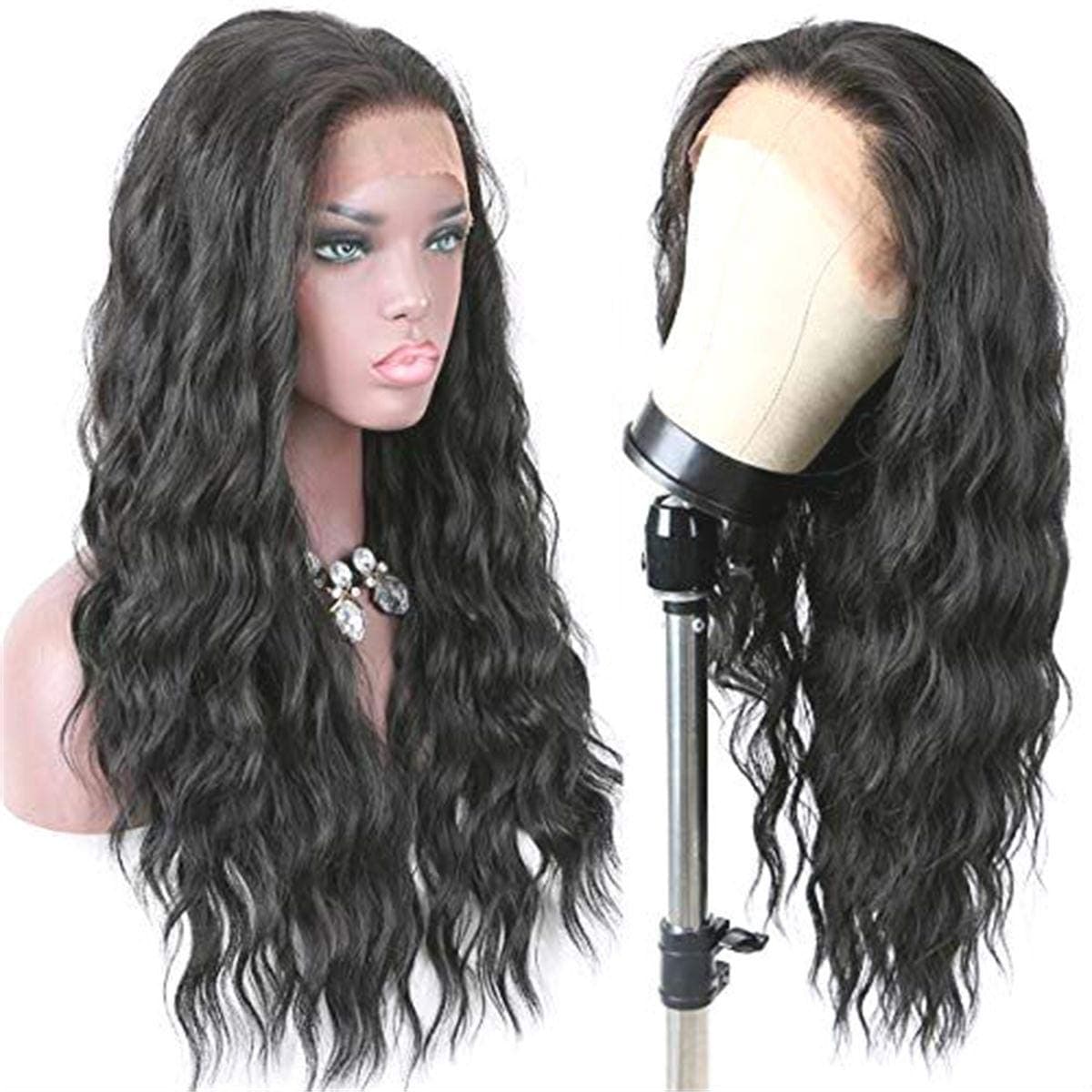 Yuanwigs Water Wave Lace Front Synthetic Wigs Natural Black Glueless Natural Hairline Hair Wigs for Black Women 24"