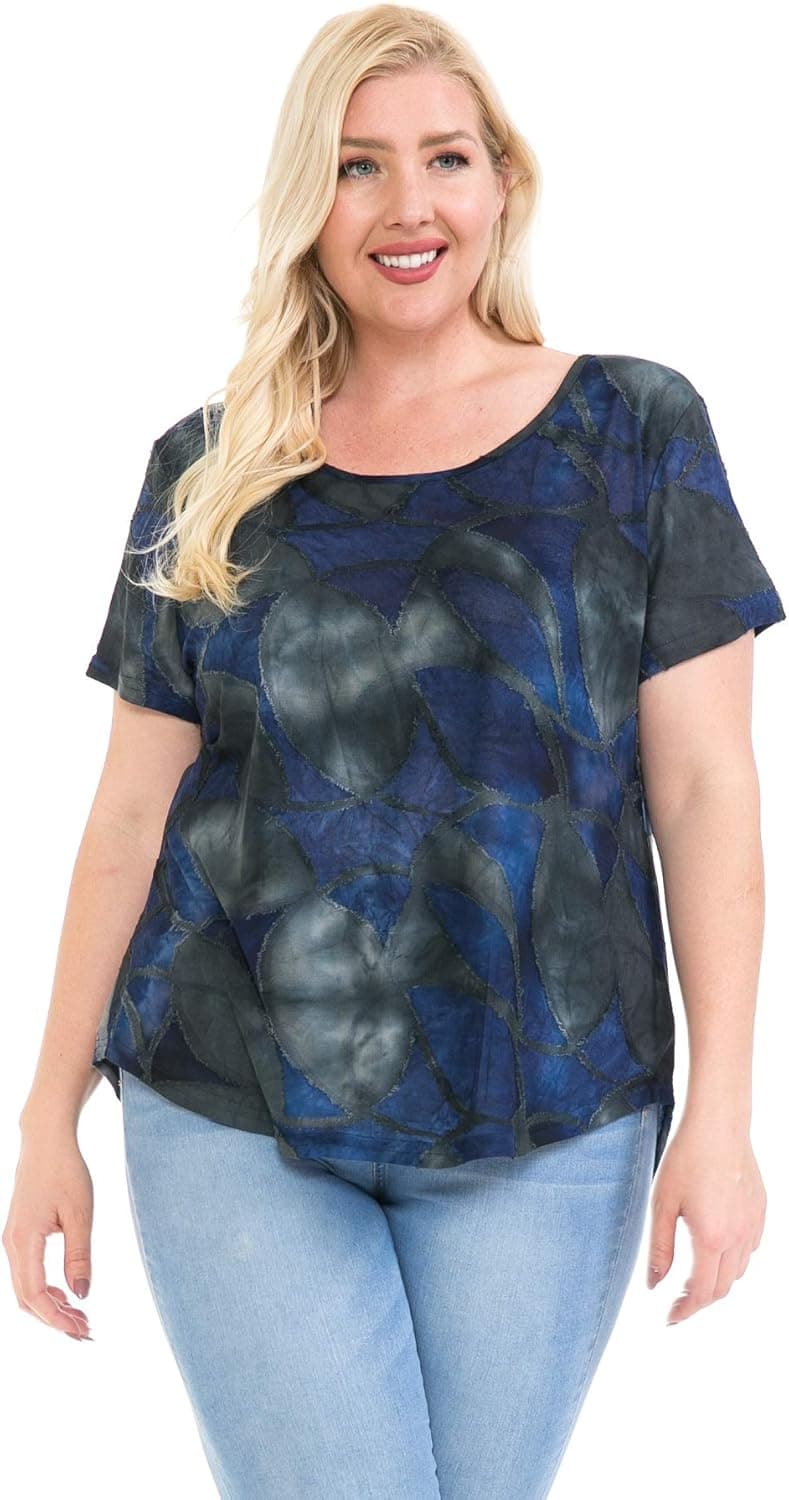 DAMOA Women's T Shirt Top - Plus Size Casual Short Sleeve Crewneck Jacquard Knit Summer Blouse Tee Tshirt