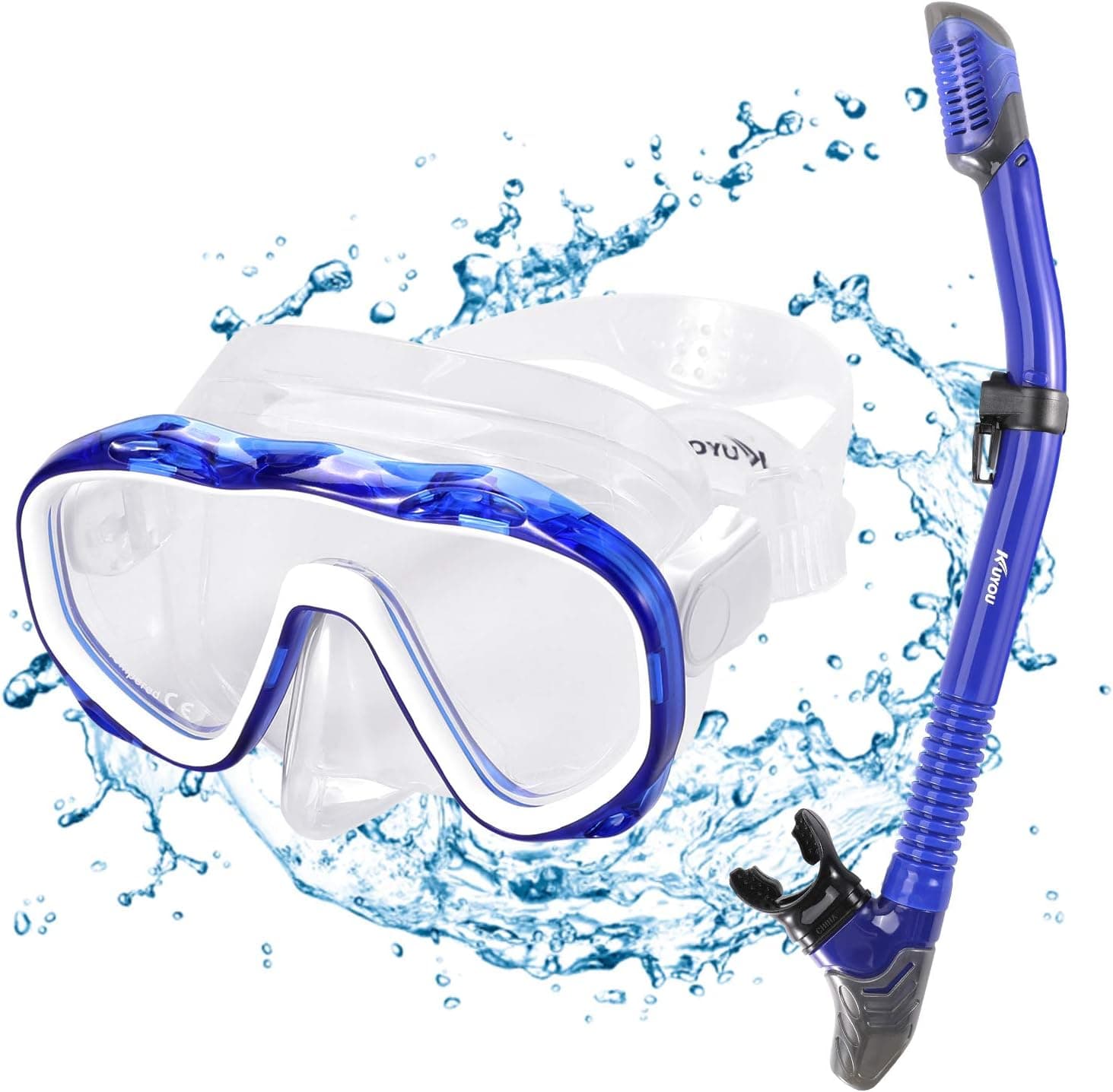 KUYOU Full Face Snorkel Mask with Latest Dry Top Breathing System, Panoramic Wide View Snorkeling Gear Mask with Camera Mount, Anti-Leak& Anti-Fog Scuba Diving Mask (Black + Blue2, Medium)