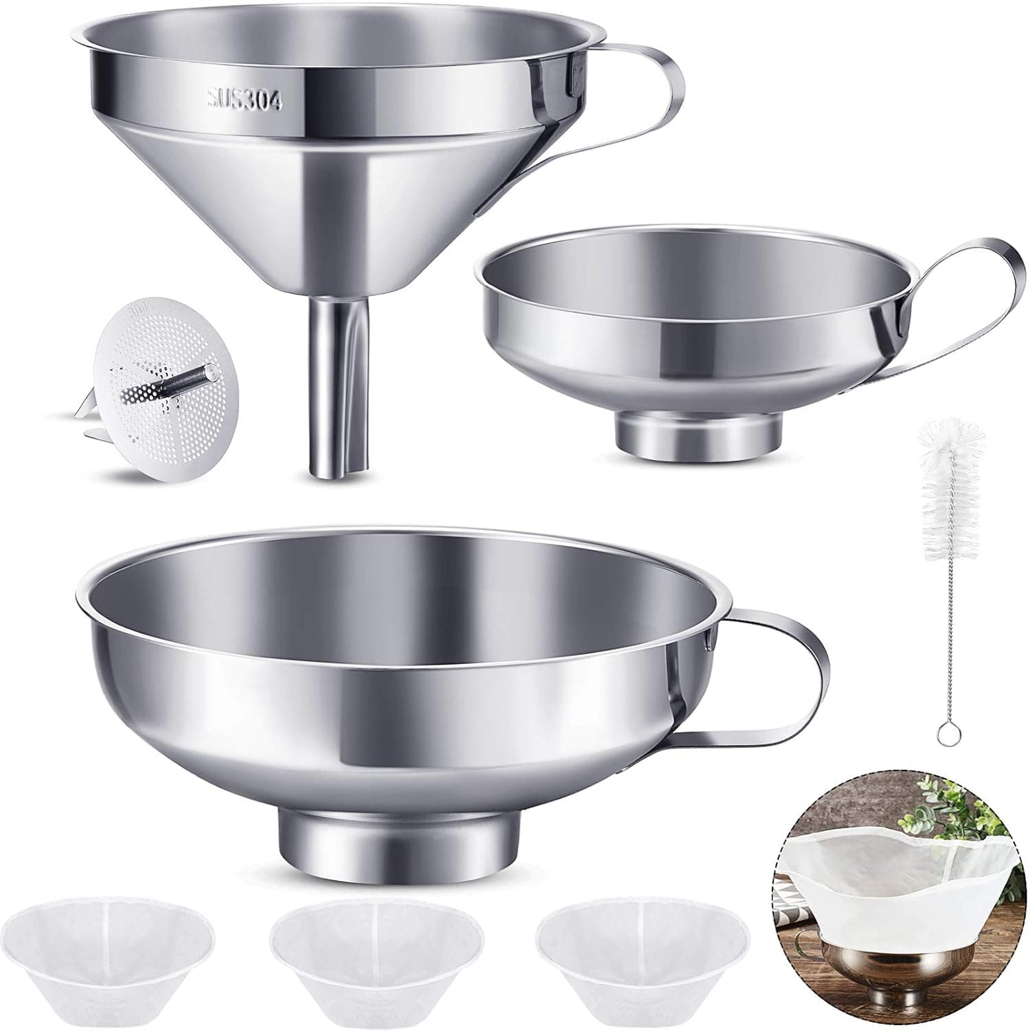 8 Pieces Canning Funnel Set Stainless Steel Funnel Wide Mouth Jar Funnel, 120 160 200 Mesh Food Filter, Stainless Steel Food Filter Strainer, Cleaning Brush for Liquid Spice Powder Oils