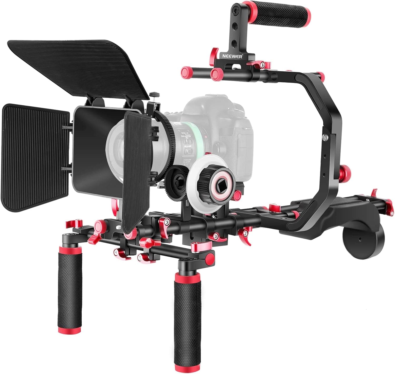 Neewer Shoulder Rig Kit for DSLR Cameras and Camcorders, Movie Video Film Making System with Matte Box, Follow Focus, C-Shaped Bracket, 15mm Rods, Handgrip, 1/4” & 3/8” Threads (Red + Black)