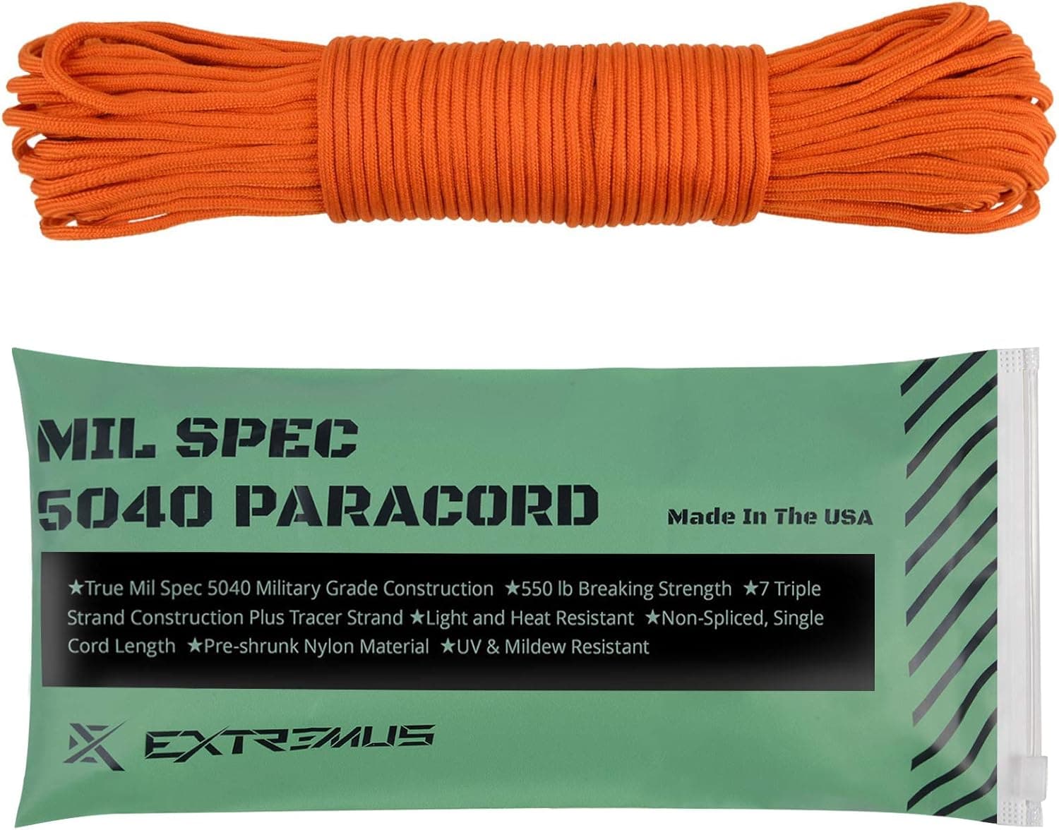 Extremus True Mil Spec 5040 Type III Paracord, Made in The USA, Military Grade 550 lbs Breaking Strength, 7 Twisted Nylon Strands Plus Tracer Strand, UV Resistant, Color Fast