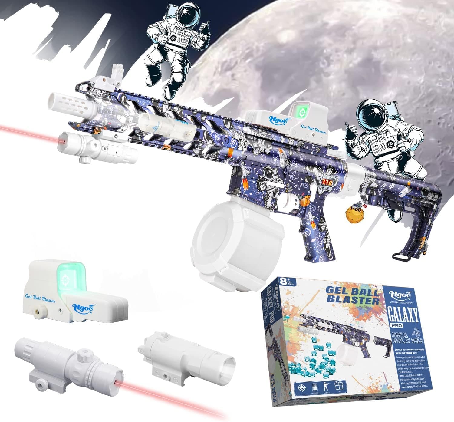 HGOC Gel Ball Blaster with 1200 Rounds Electric Drum Digital Display 60000 Water Beads 1400mAh Battery Flashlight Infrared Auto Splatter Ball Outdoor Activities (M416)