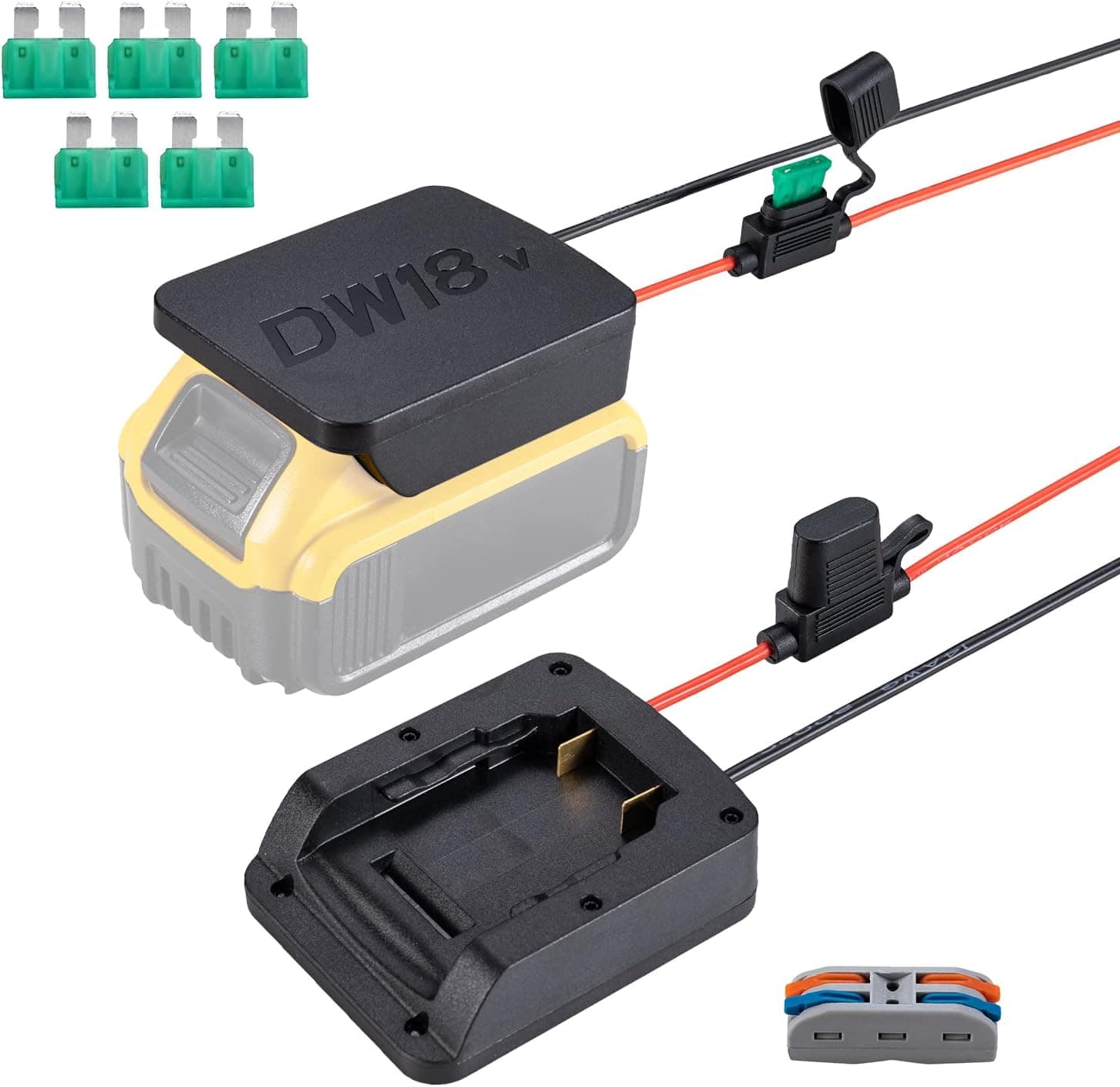 Upgraded Power Wheel Adaptor for Dewalt 20V/18V Battery with Fuse & Wire terminals，Work for Dewalt 20V DCB200 DCB203 DCB205 DCB206 Li-ion Battery，Power Connector for Rc Car, Robotics,Rc Truck, DIY