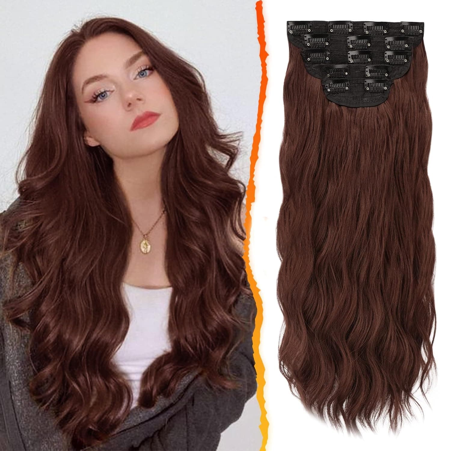 BARSDAR Clip in Hair Extensions, 5PCS Long Wavy Copper Chestnut Hair Extensions Clip in Thick Natural Soft Synthetic Double Weft Hairpiece for Women Girls Daily Make Up Party Halloween-20'', Copper Chestnut