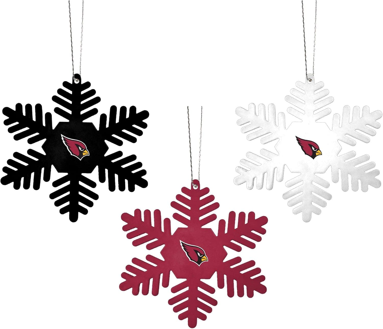 FOCO NFL Christmas Ornament Set - 3 Piece Multi-Colored Metal Snowflakes Holiday Tree Decoration – Show Your Team Spirit with Officially Licensed Football Fan Decor (Arizona Cardinals)