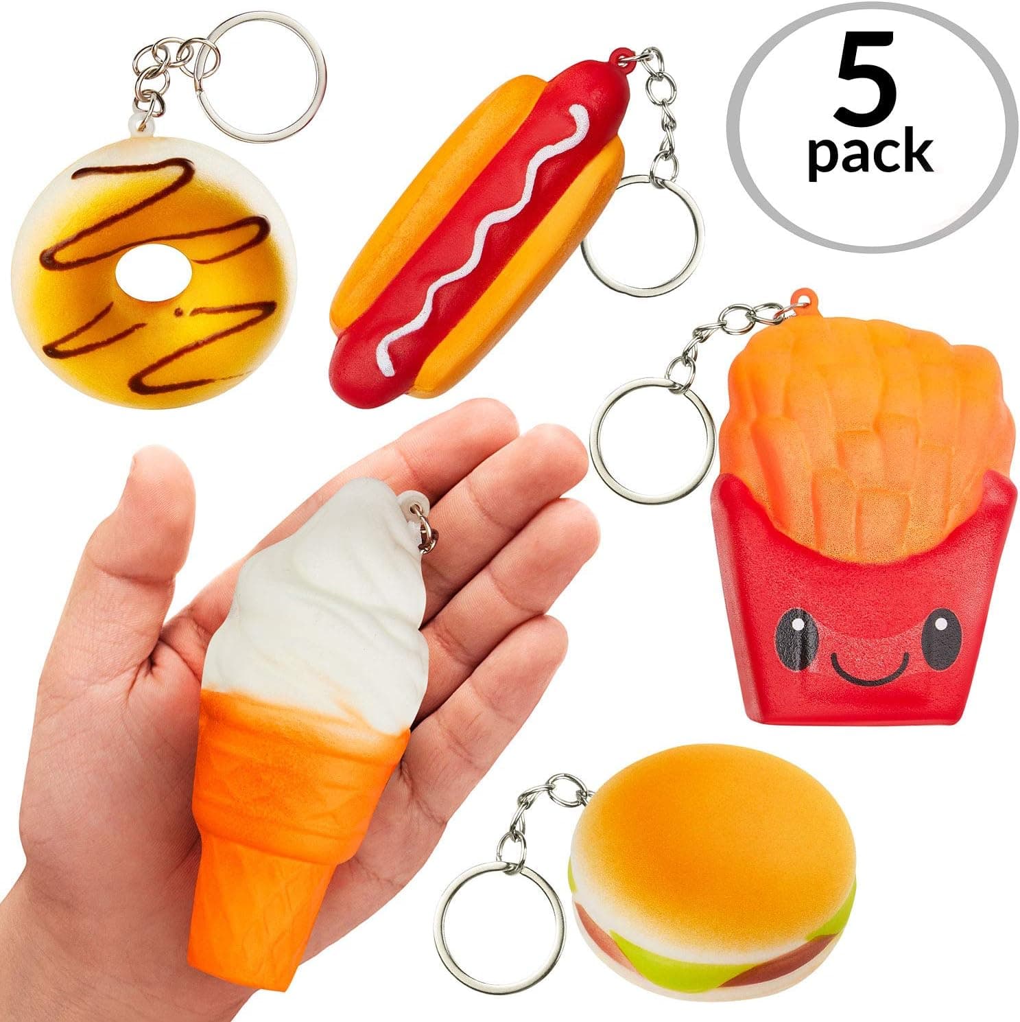 Squishies Set- American Food 5 Pcs Squishy Toys by Coral Entertainments - Hot Dog, Hamburger, French Fries, Donut & Ice Cream. Slow Rising Squeeze Scented Charms, Stress Relief Toy with Key-Chains