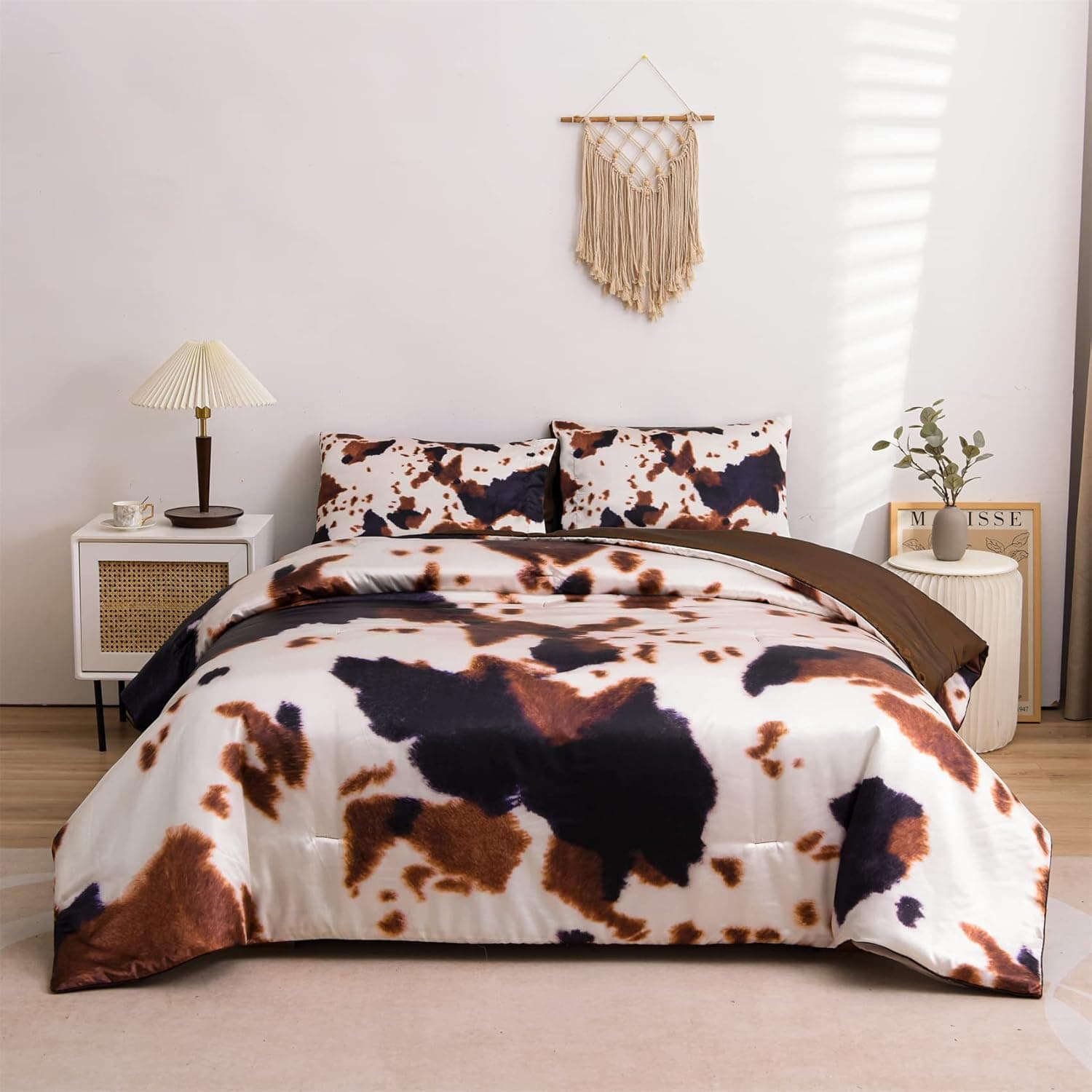 Meeting Story Cow Print Comforter Satin Luxury Silk Like Satin Silky Cozy Quilt Set Super Soft Cartoon 5Pcs Bedding Sets with 2 Matching Pillow Covers (Coffee, King)