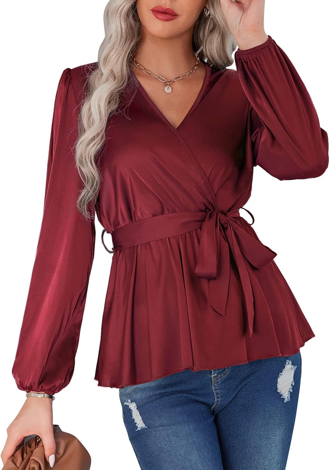 Womens Long Sleeve Casual Blouse Deep V Neck Wrap Blouses Comfy Puff Sleeve Tops Shirts