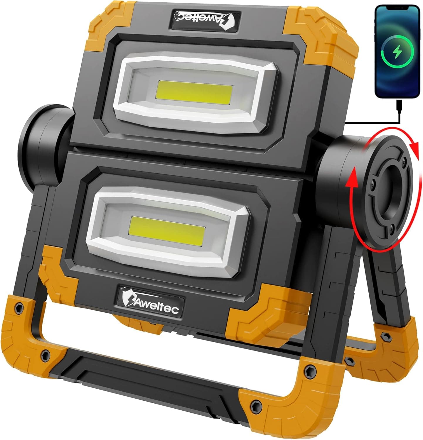 AWELTEC LED Work Light Rechargeable - 2 COB 2000 Lumens 360° Foldable Flood Work Light for Outdoor Camping, Emergency Car Repairing and Job Site Lighting (Yellow)
