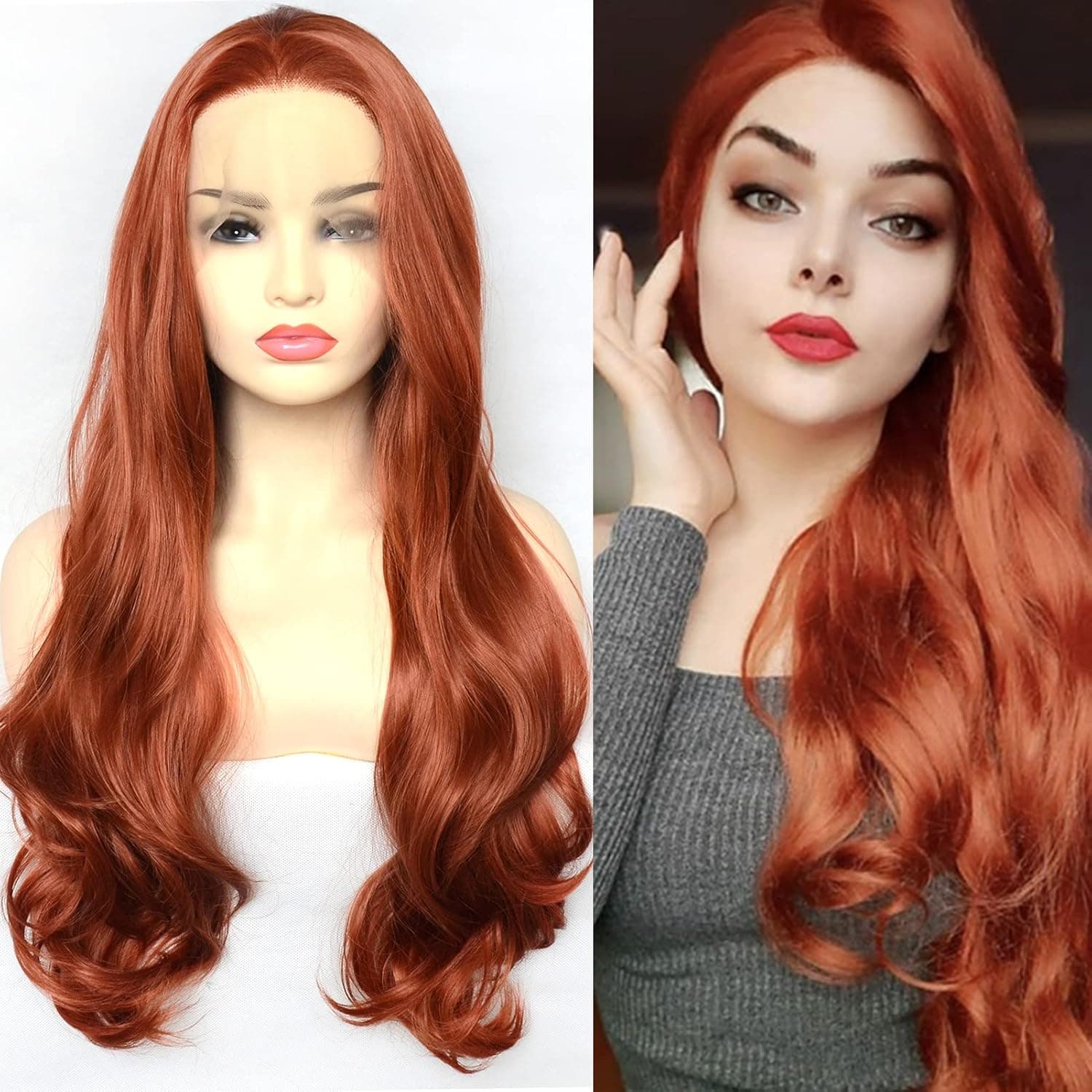 BLUPLE Copper Red #350 Lace Front Wigs Synthetic Wavy Hair Half Hand Tied Auburn Front Lace Wig Free Part for Women (22 inches, Wavy,Red#350)